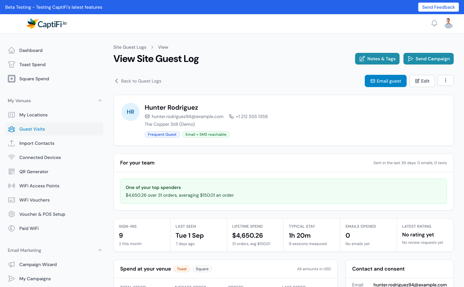 The same guest on the classic dashboard at app.captifi.io