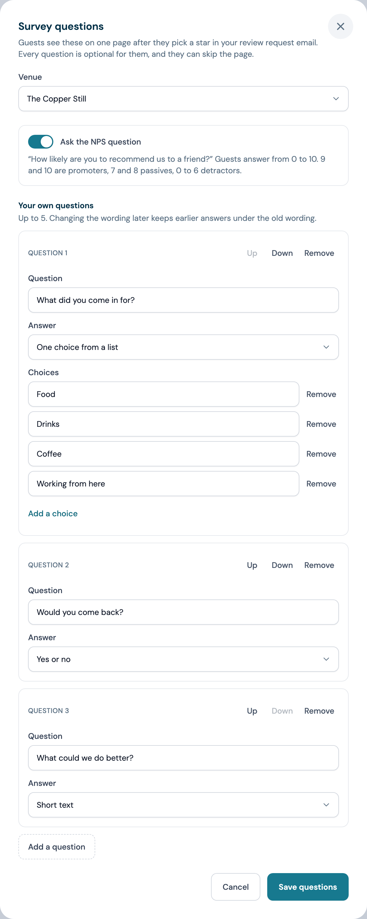 Edit questions: the venue, Ask the NPS question switched on, and three questions of the venue's own, a choice with Food, Drinks and Coffee, a yes or no and a short text
