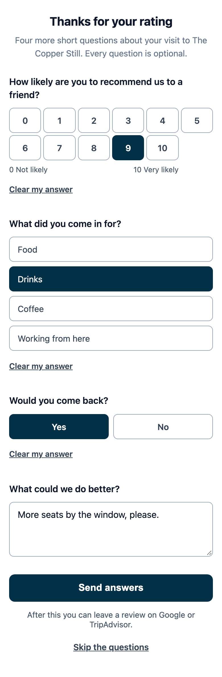 The survey page a guest sees after picking a star: Thanks for your rating, the NPS question with 0 to 10 buttons, a choice question, a yes or no question and a short text box, Send answers and Skip the questions