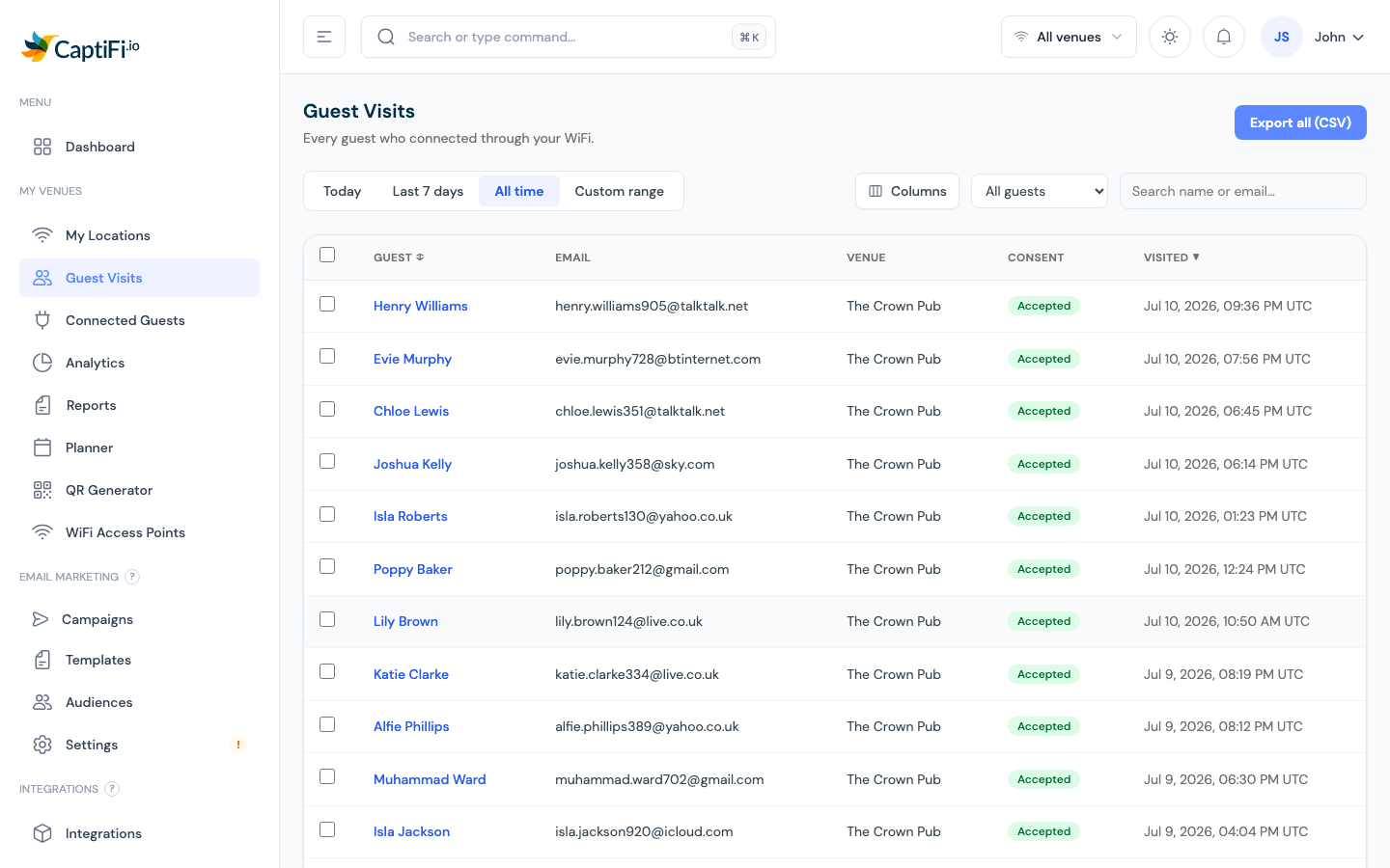 The Guest Visits page with the searchable guest log and CSV export