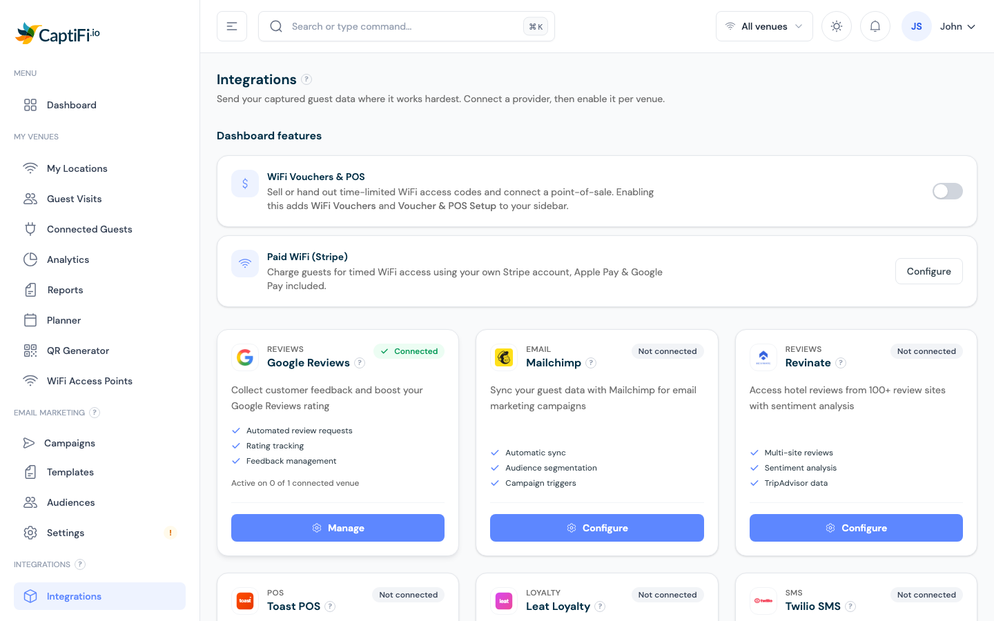 The Integrations page with dashboard feature toggles and provider cards