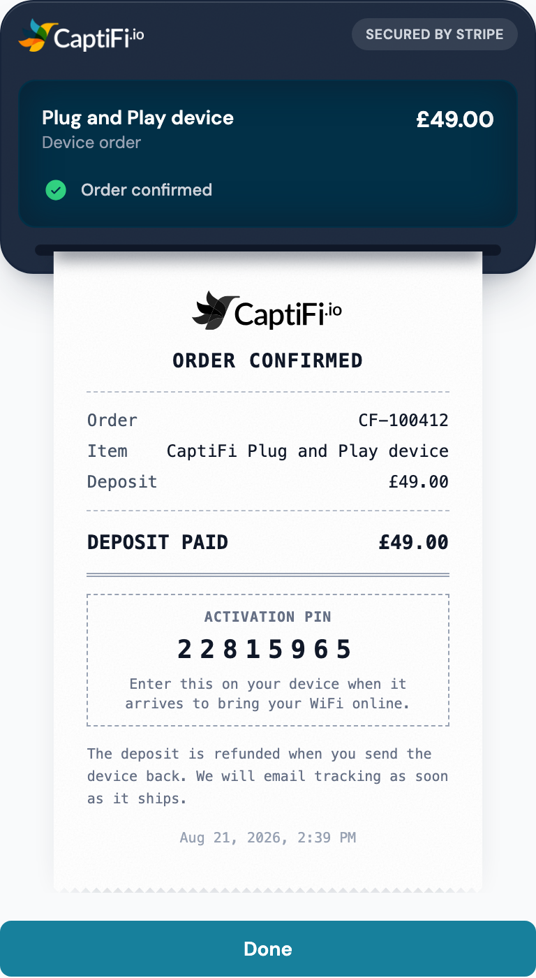 The receipt printer confirming a device order, showing the order number, the deposit paid and the activation PIN