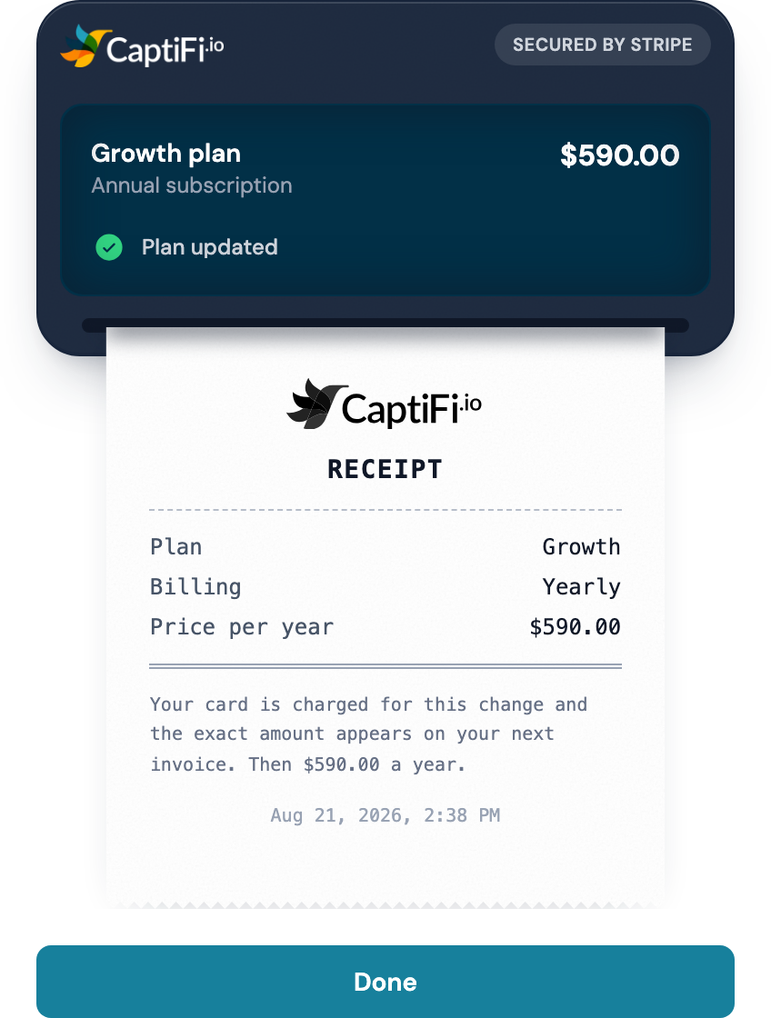 The receipt printer confirming a plan change, showing the plan, the billing period and the price per year