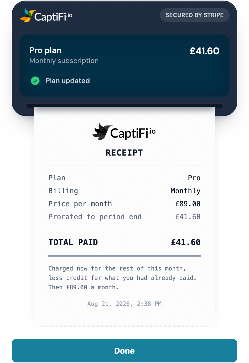 The receipt printer confirming an upgrade, showing the prorated total paid today and the price per month from the next invoice