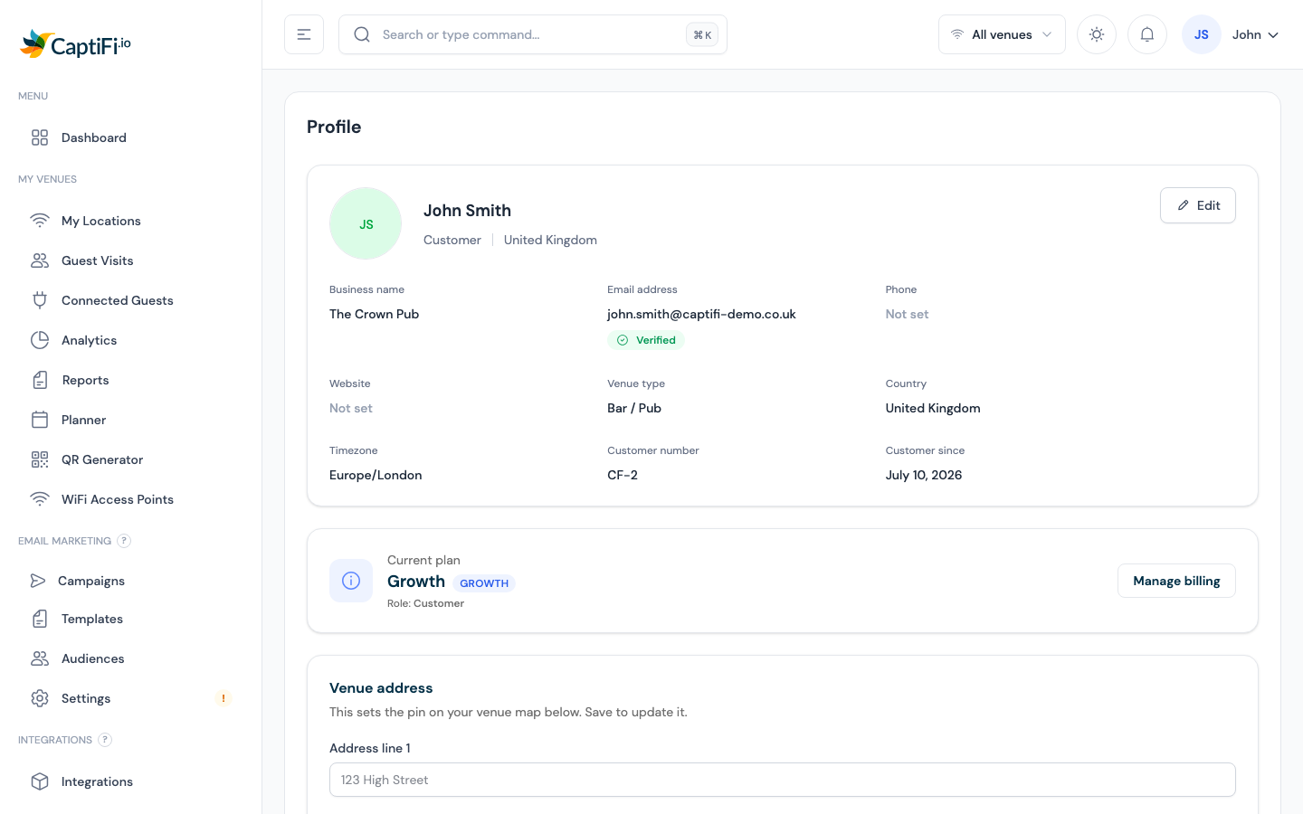 The Profile page with personal details, plan, and venue address