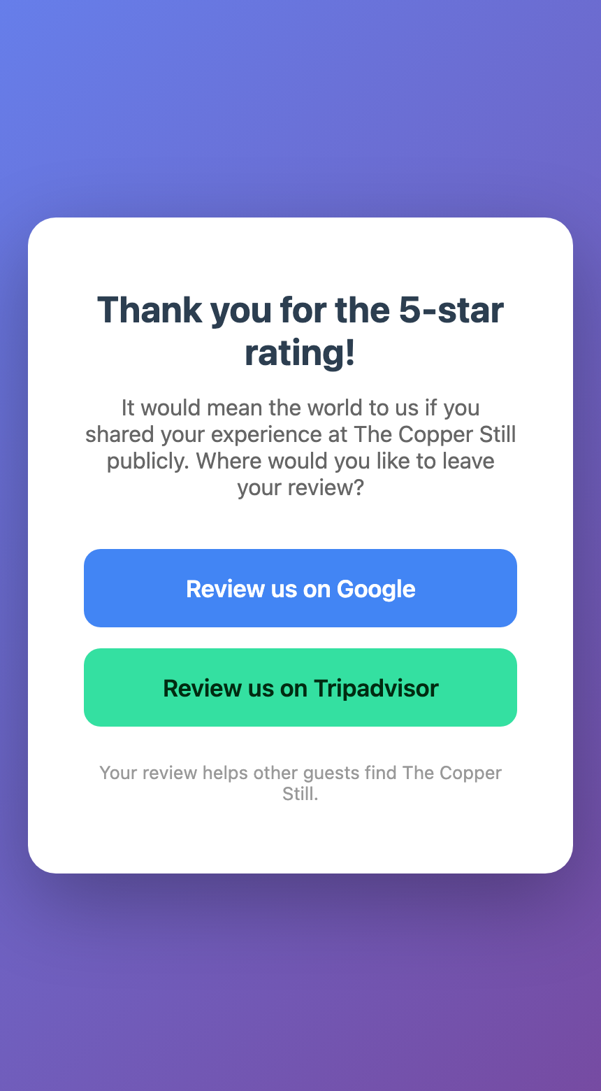 The choice page a guest sees, with Review us on Google and Review us on Tripadvisor buttons