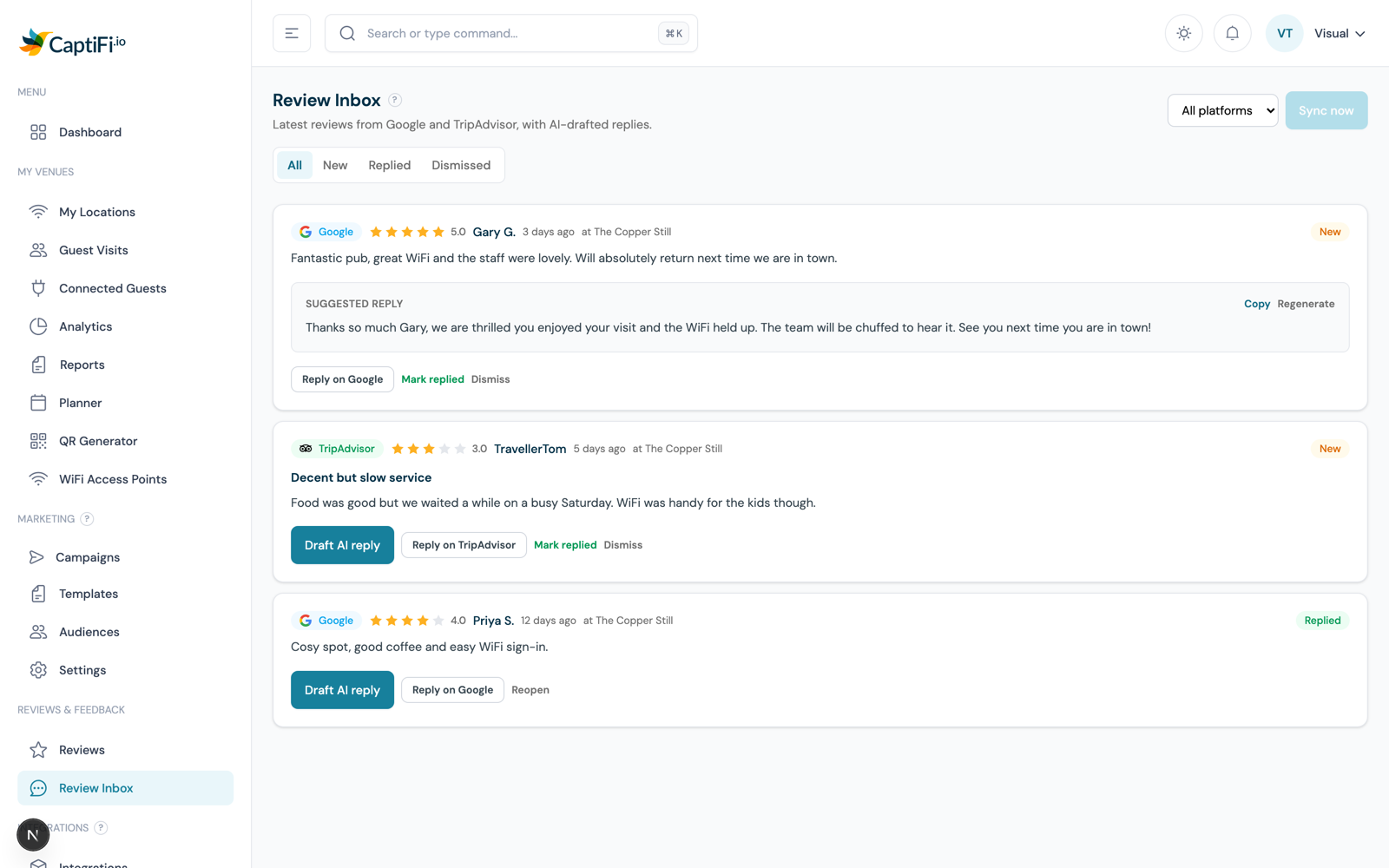 The Review Inbox showing Google and TripAdvisor reviews with an AI-drafted reply, Copy and Reply on Google buttons