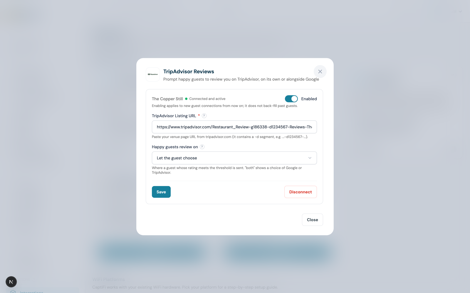 The TripAdvisor Reviews card settings with the listing URL field and the happy-guests destination picker