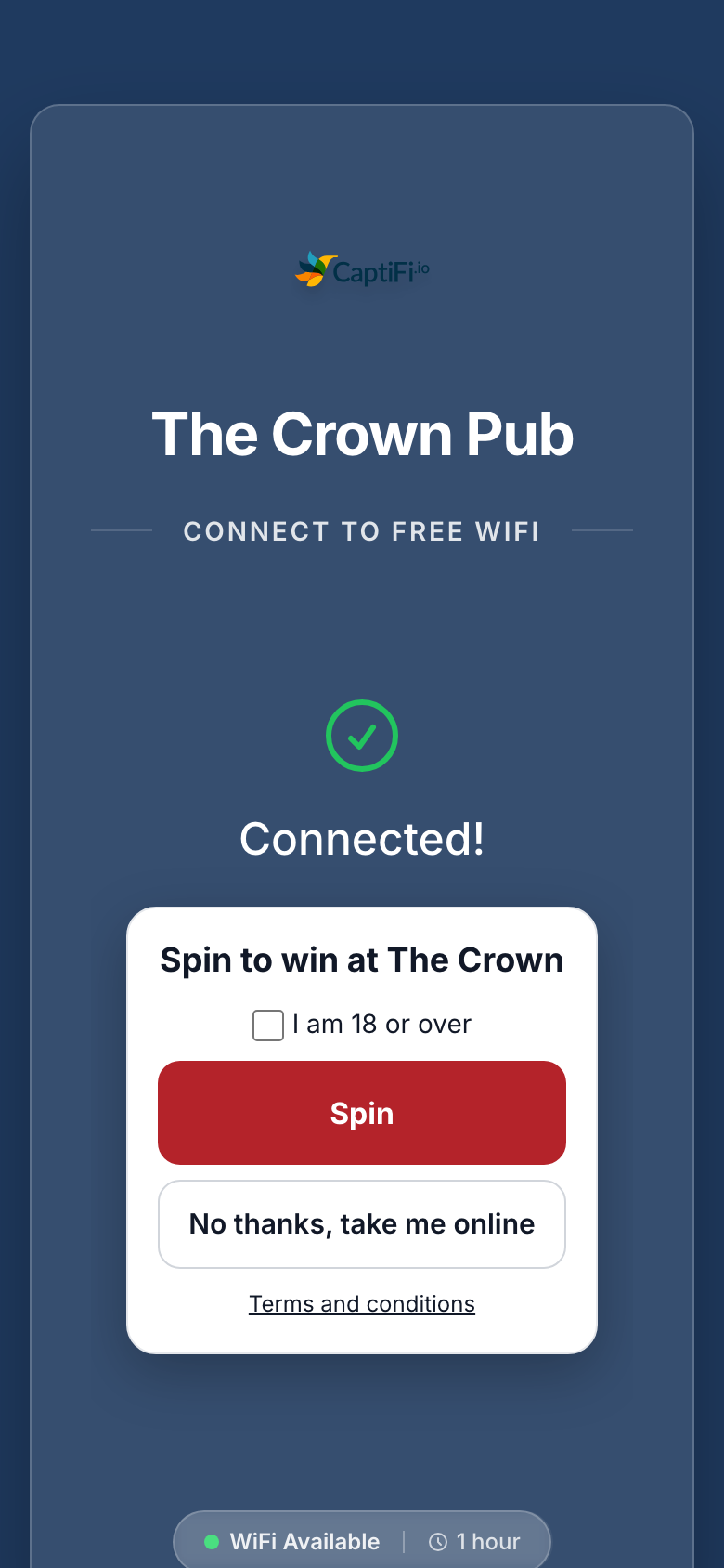 A phone showing the Connected! screen of The Crown Pub WiFi with the Spin to win at The Crown card, the I am 18 or over box, the Spin button, No thanks, take me online and the Terms and conditions link