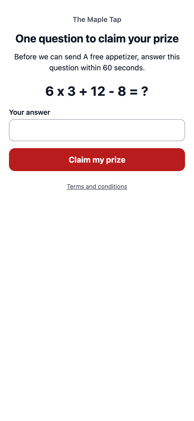 The One question to claim your prize page for a venue in Ontario with the sum, the Your answer box and the Claim my prize button