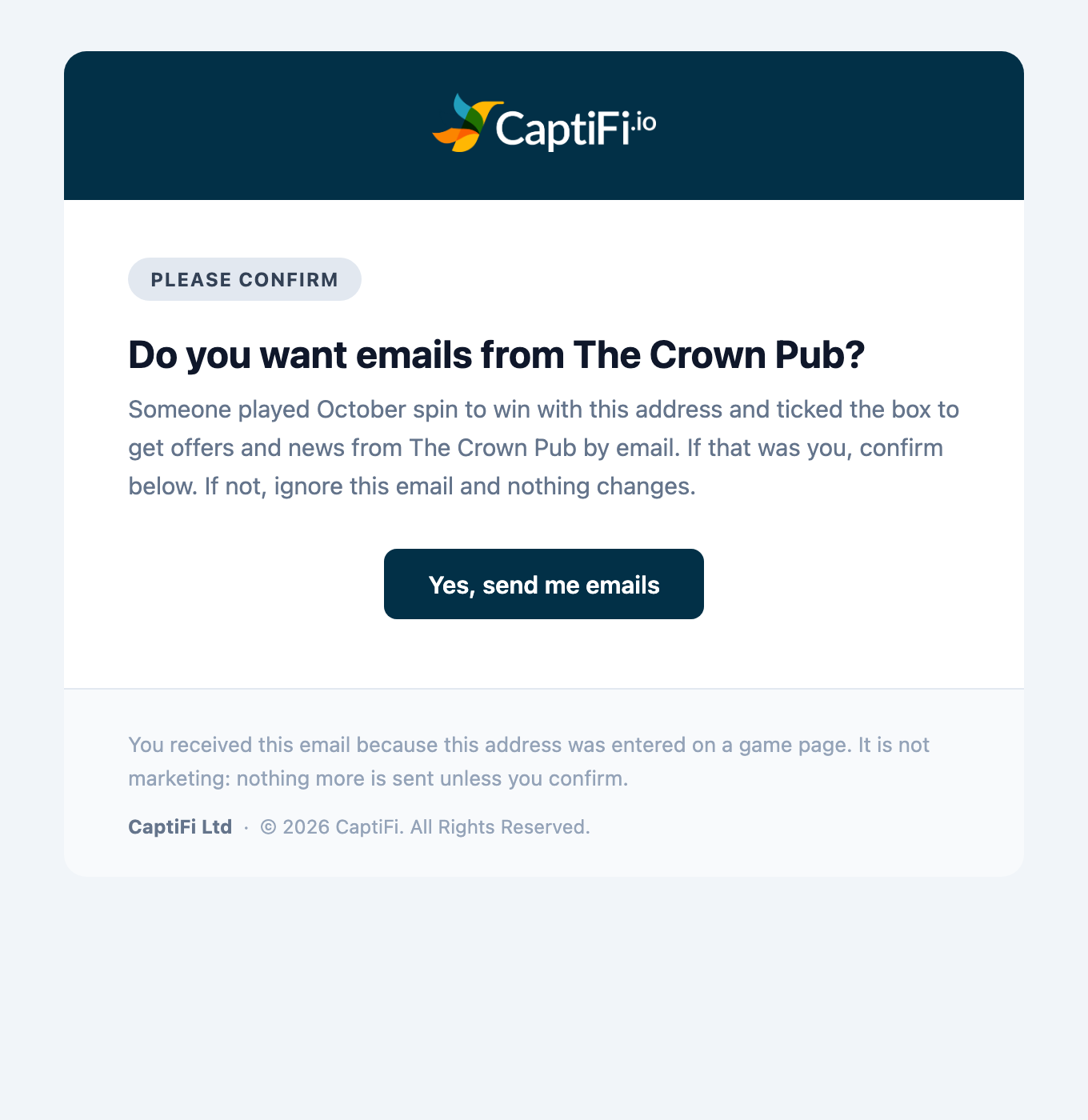 The Do you want emails from The Crown Pub? email with the Yes, send me emails button