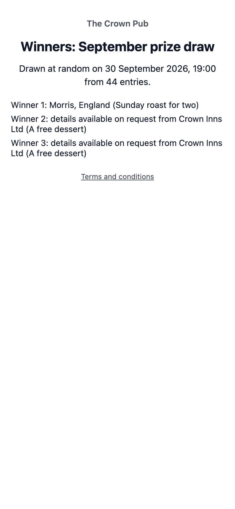 The Winners: September prize draw page on a phone with the draw time and number of entries, Winner 1 named as Morris, England, and winners 2 and 3 listed as details available on request from the promoter
