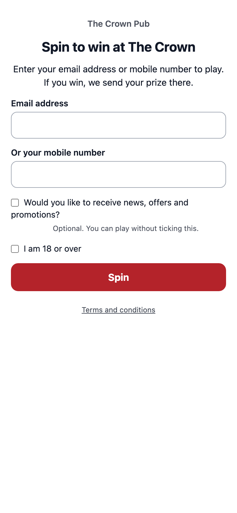 The public page of a spin the wheel game on a phone with the Email address and Or your mobile number fields, the unticked marketing box with its Optional line, the I am 18 or over box and the Spin button