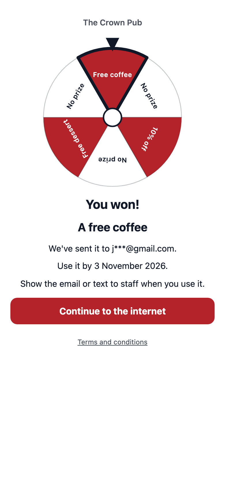 The result page on a phone with the wheel stopped on Free coffee, You won!, A free coffee, We've sent it to j***@gmail.com, the use-by date and the Continue to the internet button