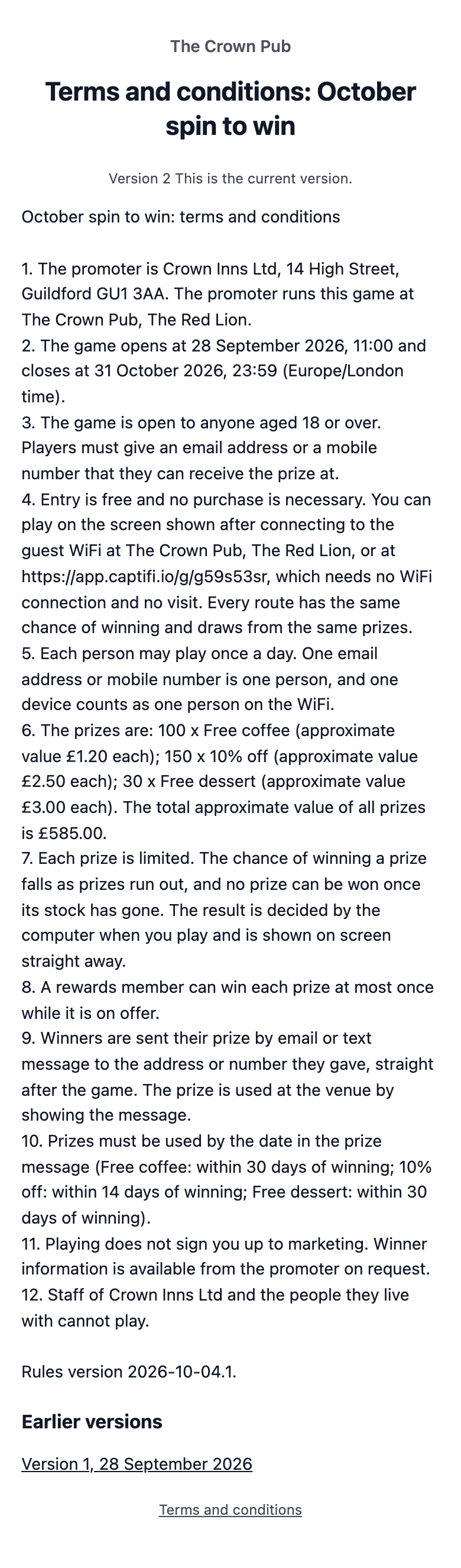 The terms page on a phone headed Terms and conditions: October spin to win, with the version line, the numbered clauses and Version 1 listed under Earlier versions