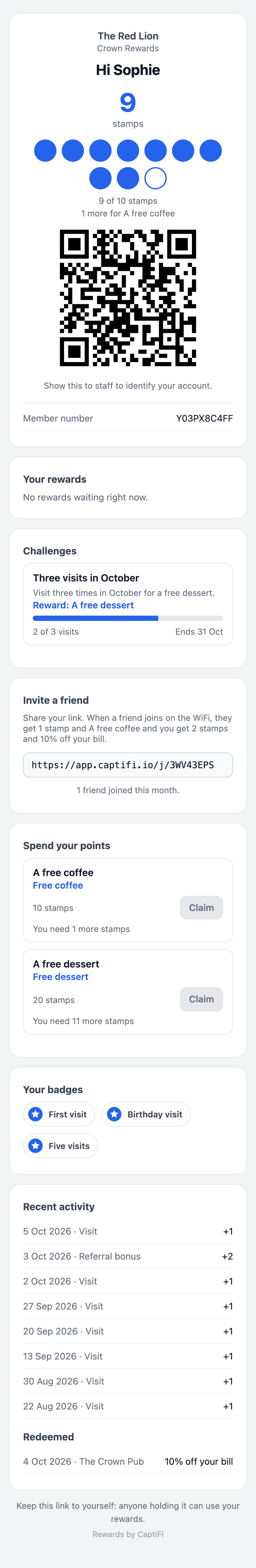 A member's rewards page on a phone with 9 of 10 stamps on the stamp card, a challenge at 2 of 3 visits, the Invite a friend card and the First visit, Birthday visit and Five visits badges under Your badges