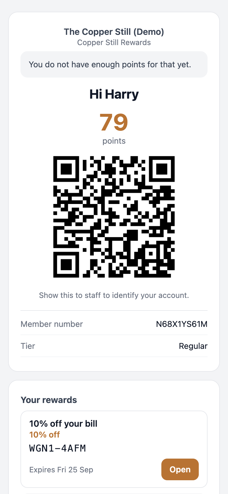 Member's rewards page on a phone with the banner You do not have enough points for that yet. above the 79 points balance and QR code