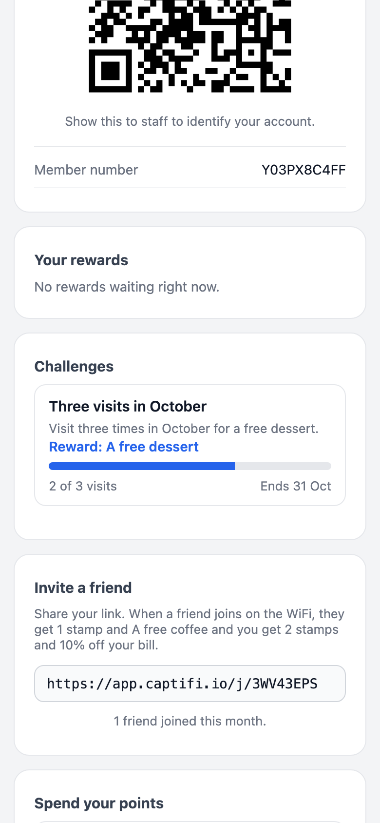 A member's rewards page on a phone with the Invite a friend card showing the reward line, the invite link and 1 friend joined this month