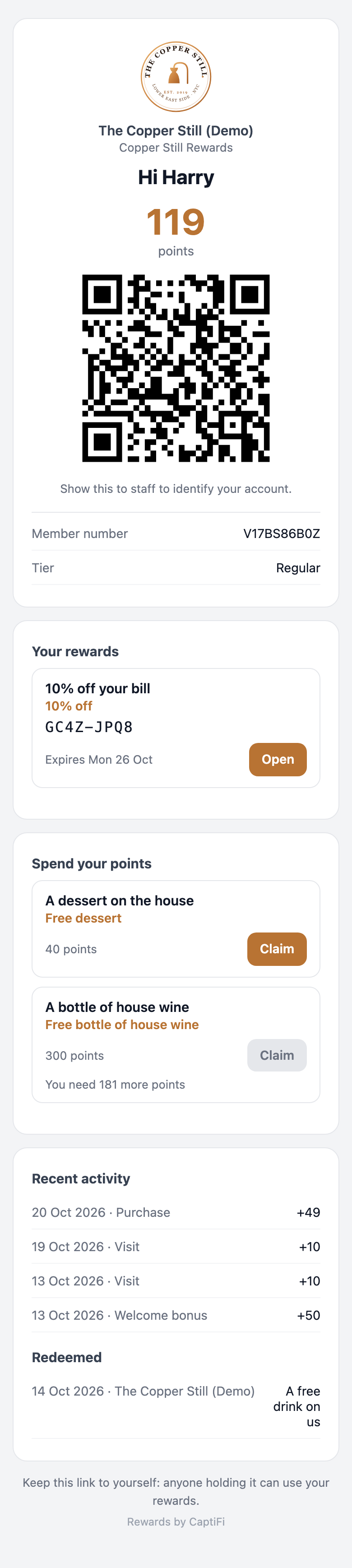 A member's rewards page on a phone with the points balance, QR code, member number and tier