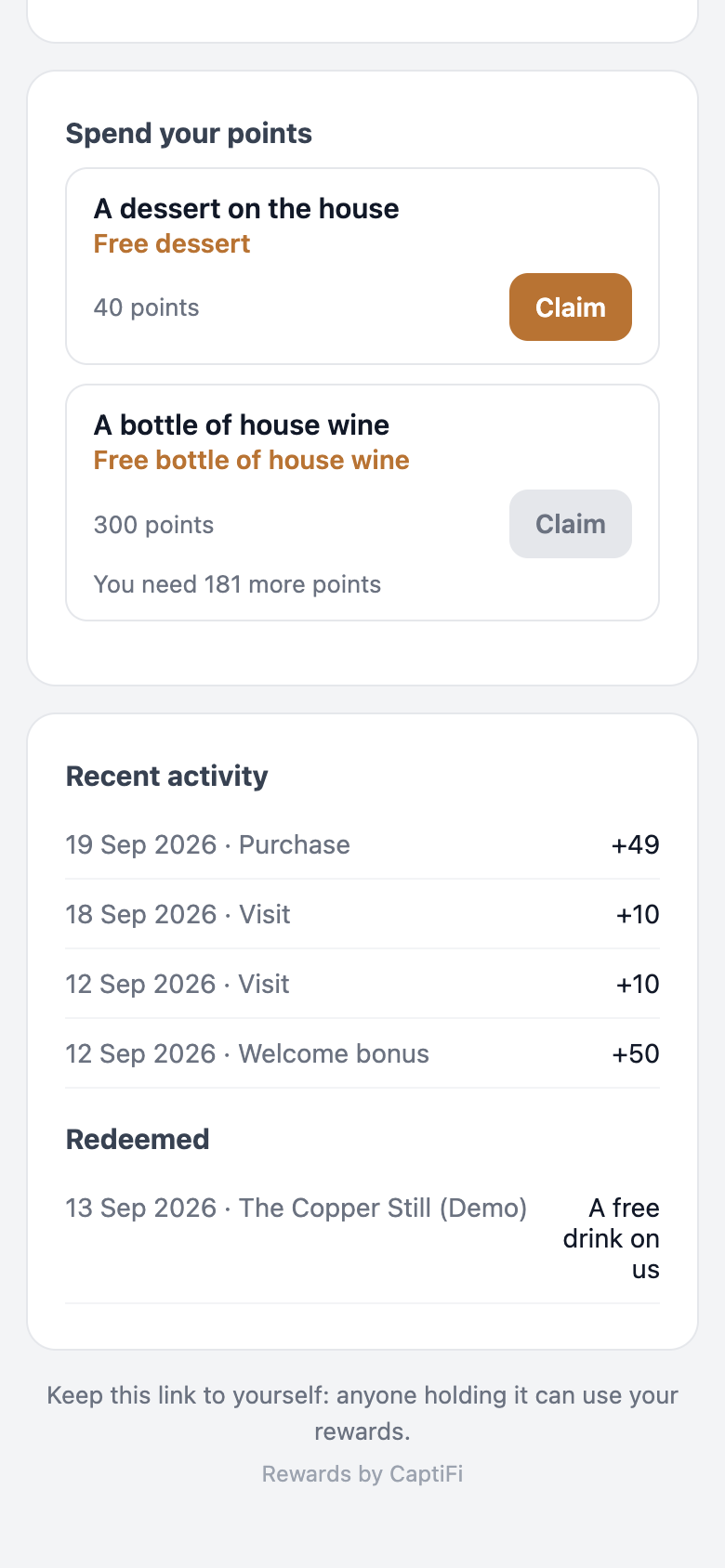Spend your points section on a member's rewards page on a phone, with Free dessert for 40 points and a live Claim button, and A bottle of house wine for 300 points greyed out with the line You need 181 more points