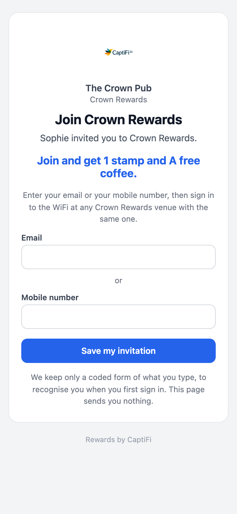 The Join Crown Rewards page on a phone with the invited-you line, the reward line, the Email and Mobile number fields and the Save my invitation button