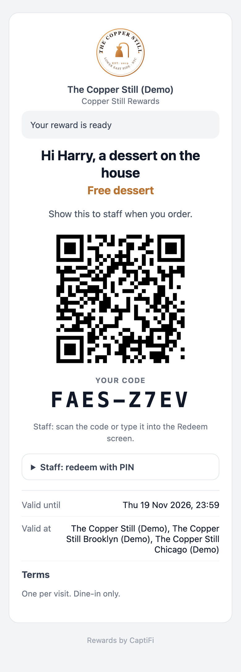 Reward page on a phone straight after a claim, with the Your reward is ready banner above the QR code, the code, the expiry, the venues it is valid at and the terms
