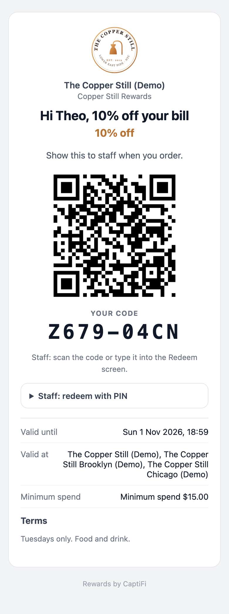 A reward page on a phone with the offer, the eight-character code, the QR code, validity, venues and terms
