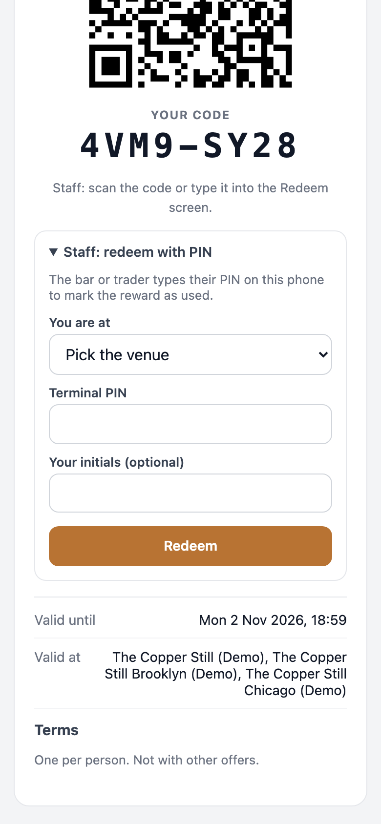 A reward page on a phone with the Staff: redeem with PIN fold open, showing the You are at venue picker, the Terminal PIN box, the initials box and the Redeem button