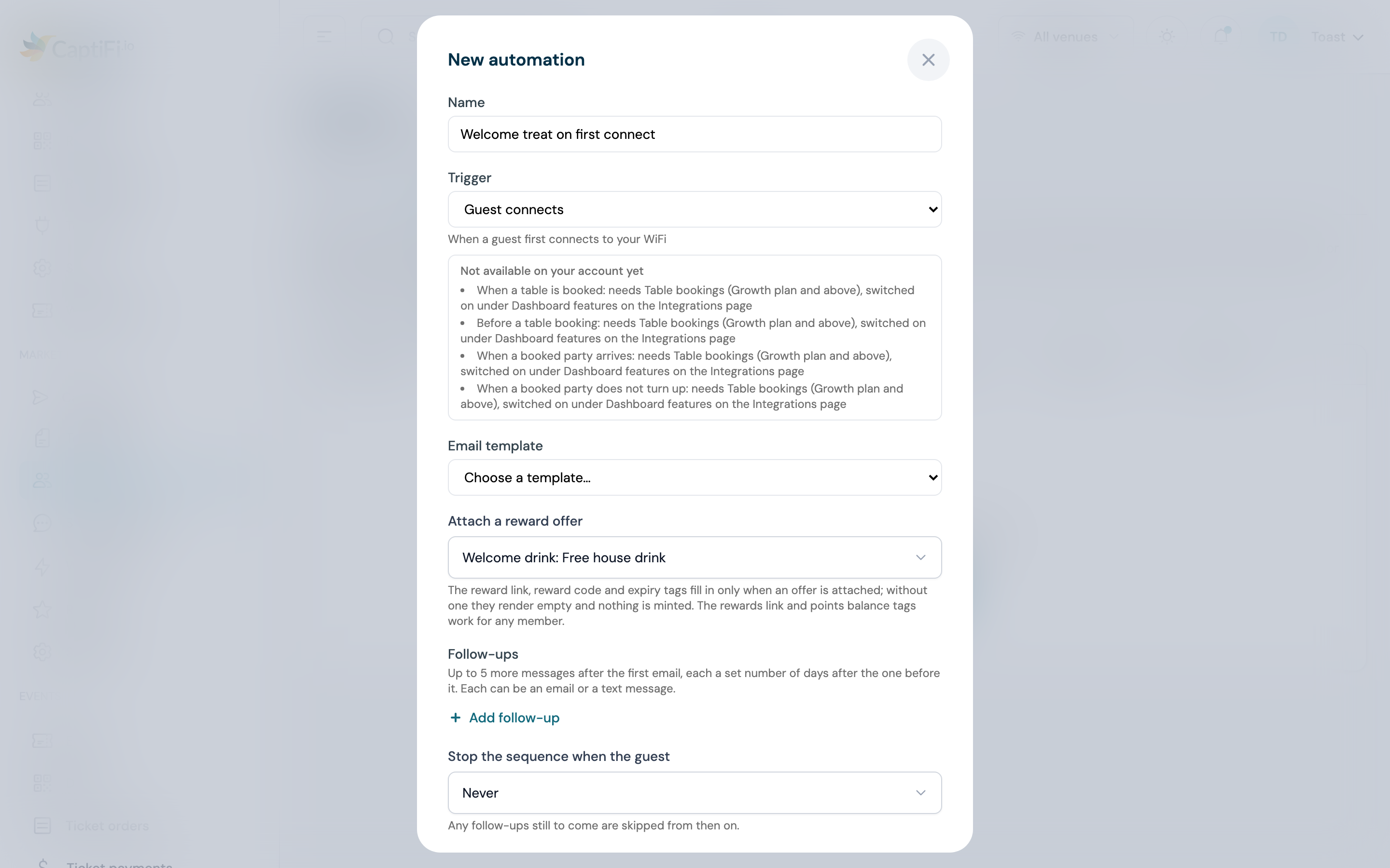Attach a reward offer picker with Welcome drink chosen and the hint line about reward tags underneath