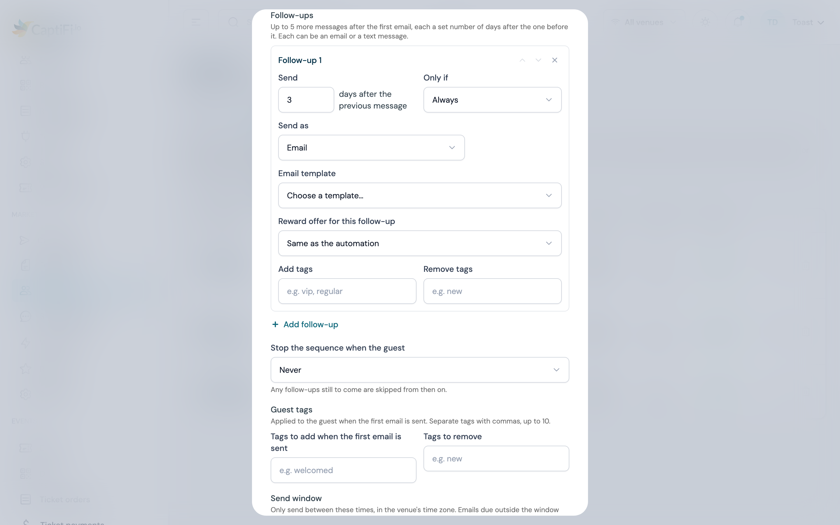 Follow-up 1 row in the New automation form with Reward offer for this follow-up set to Same as the automation