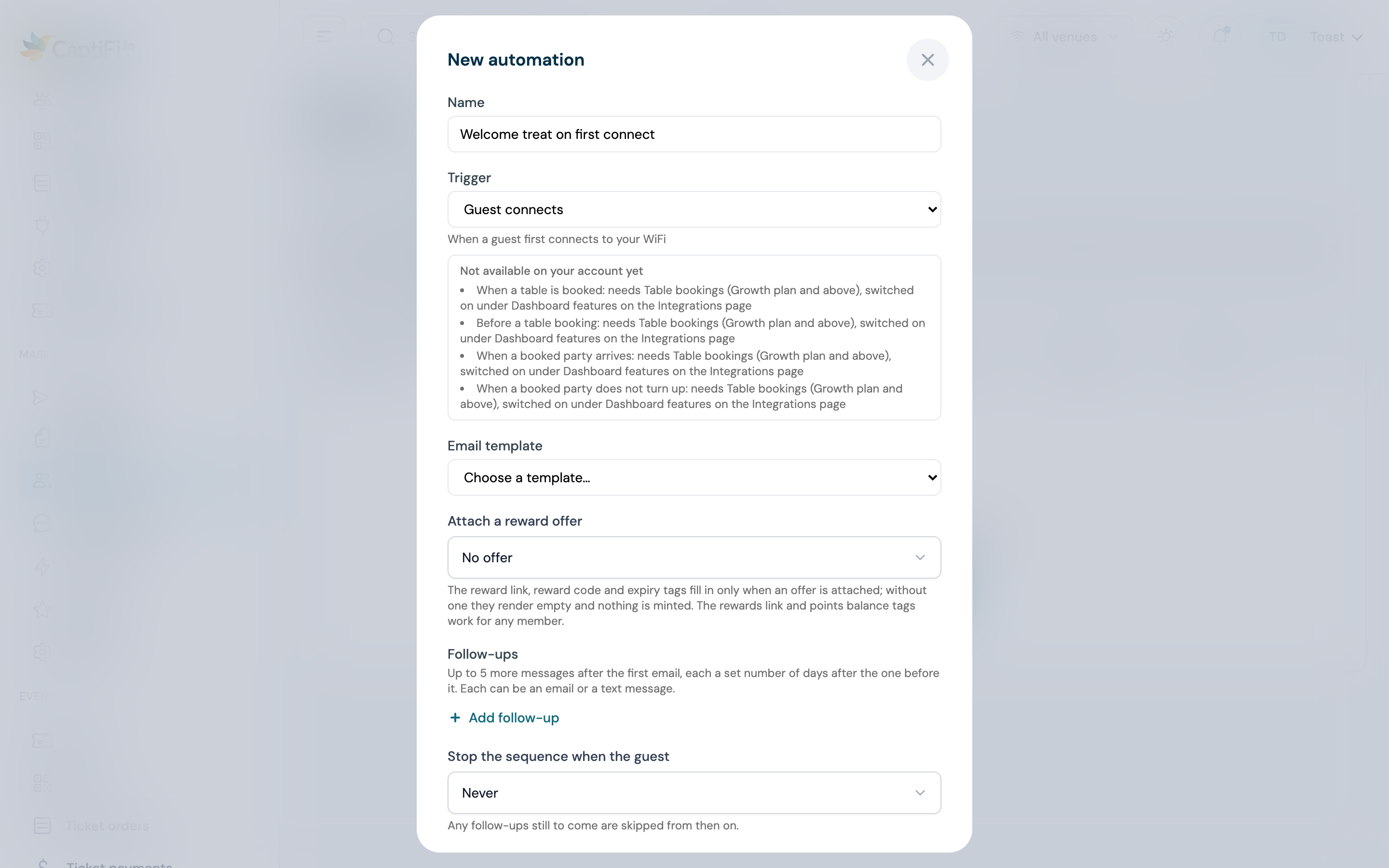 New automation form with the trigger set to Guest connects and the Attach a reward offer picker below the Email template field