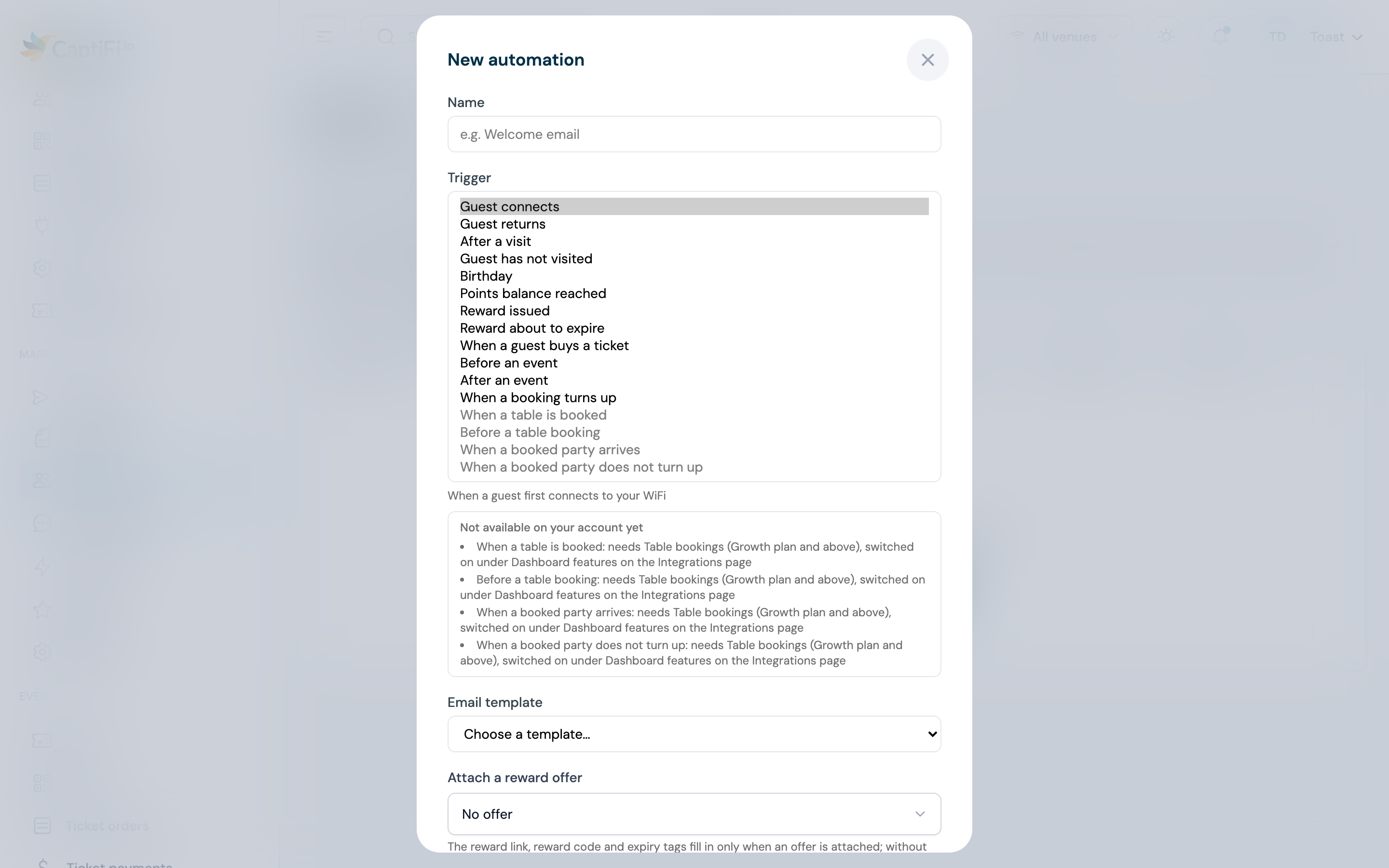 New automation form with the trigger list open, showing Points balance reached, Reward issued and Reward about to expire after the visit and birthday triggers