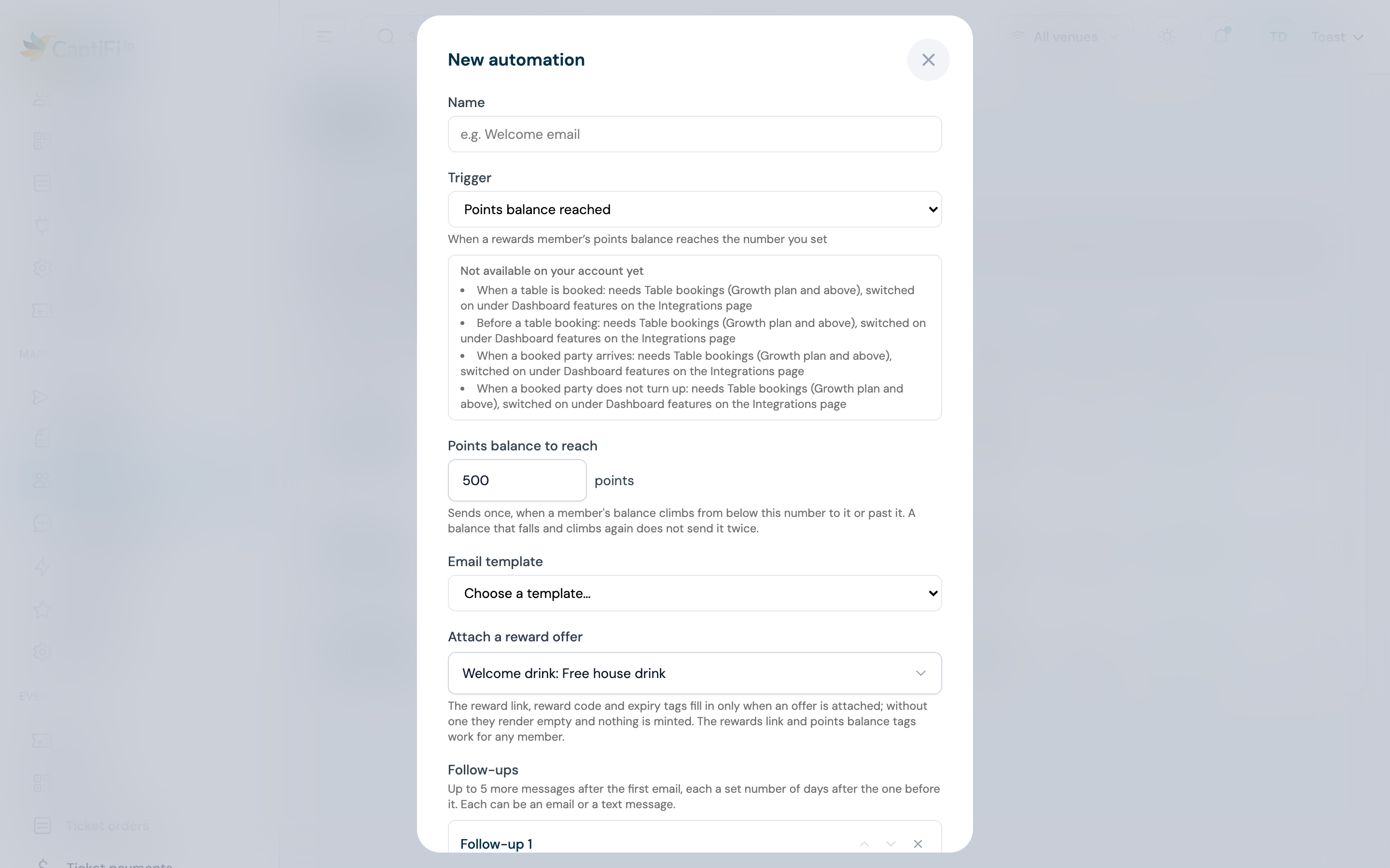 Welcome drink attached in the Attach a reward offer picker under the Points balance to reach field