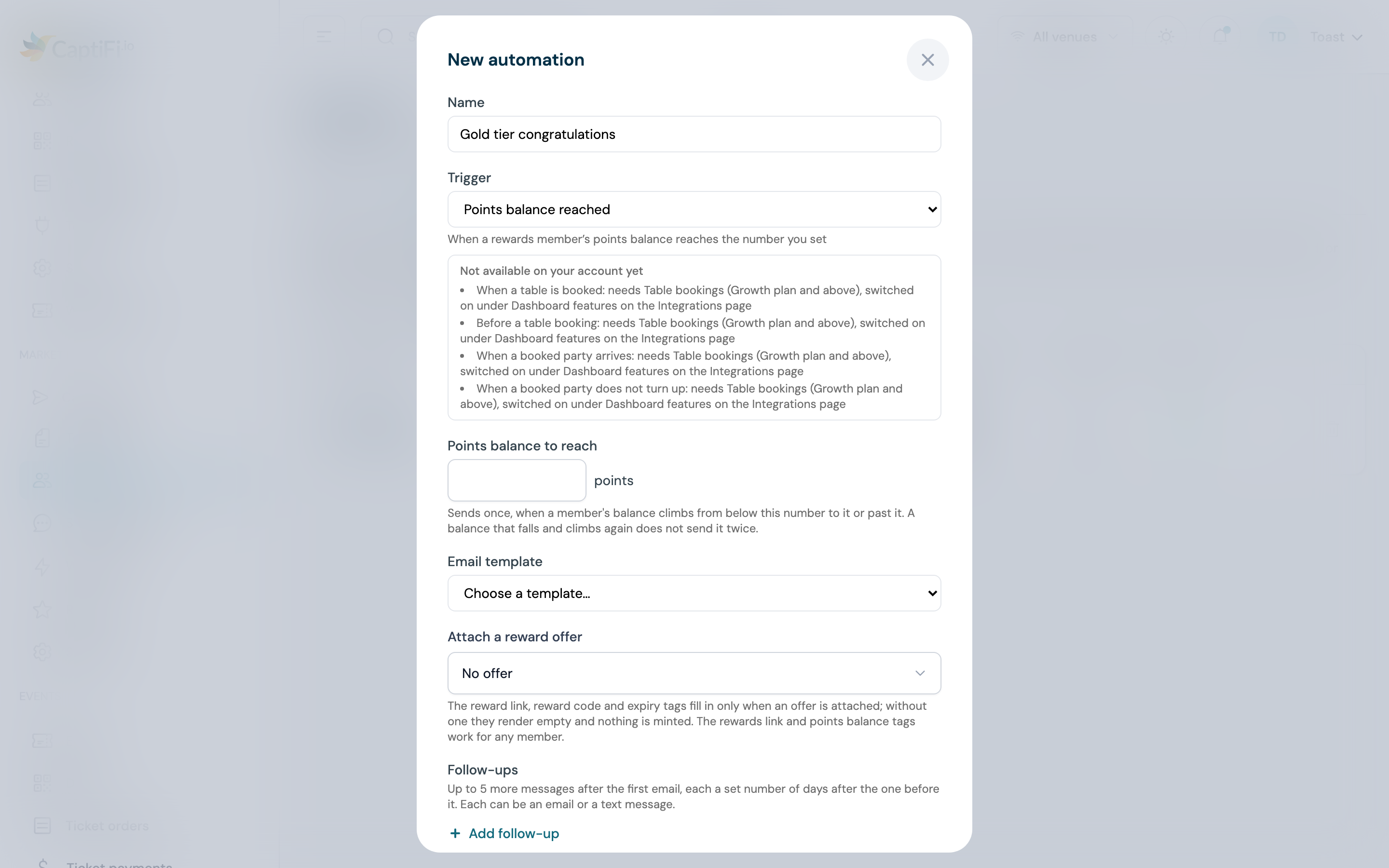 New automation form with Points balance reached chosen and the Points balance to reach field shown below the trigger