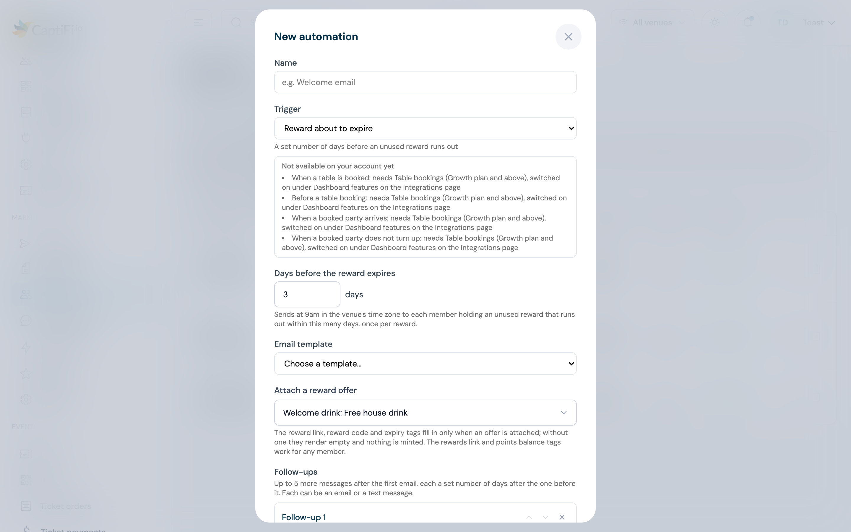New automation form with Reward about to expire chosen and the Days before the reward expires field