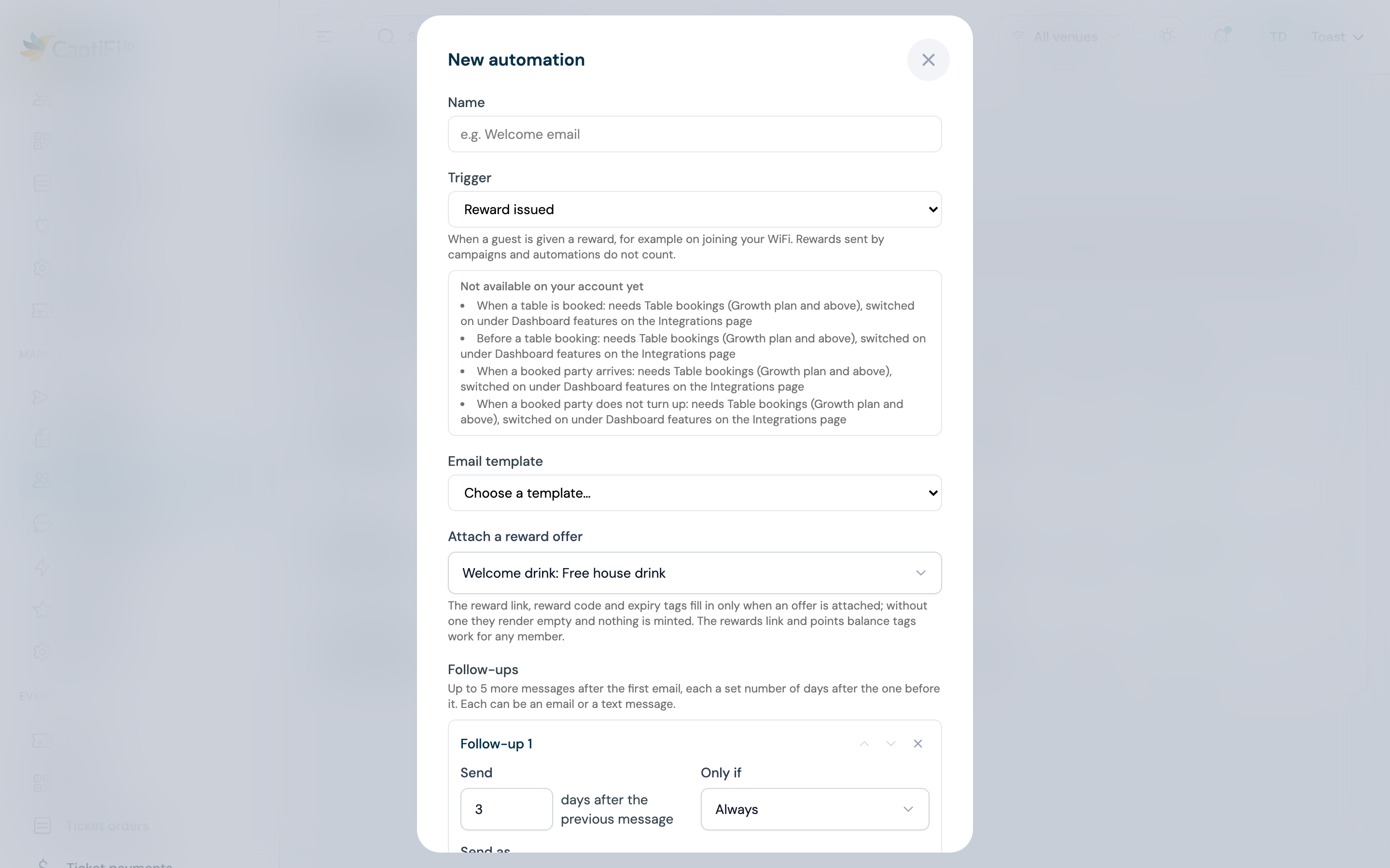 New automation form with Reward issued chosen and the Email template field directly below, with no timing fields