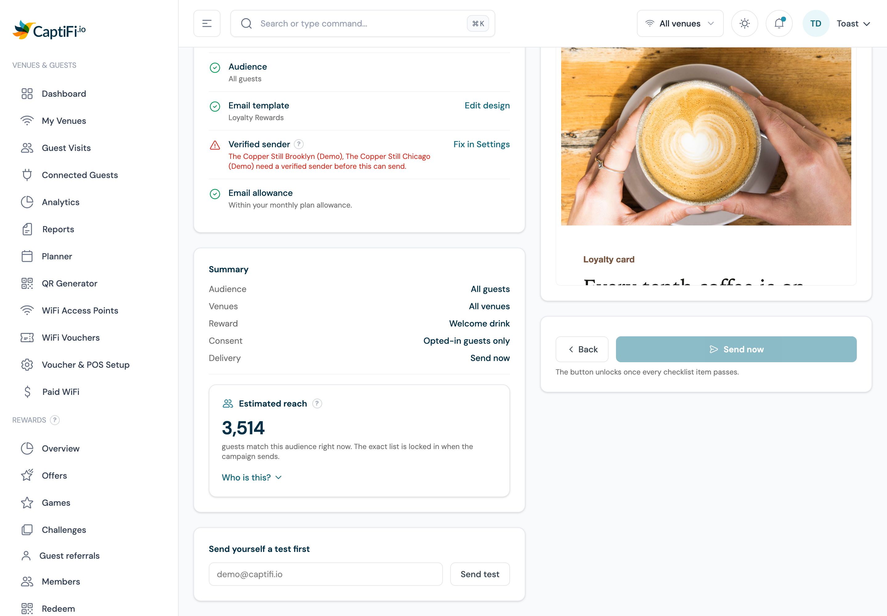 Review and send step with the Ready to send checklist and the Summary whose Reward line reads Welcome drink