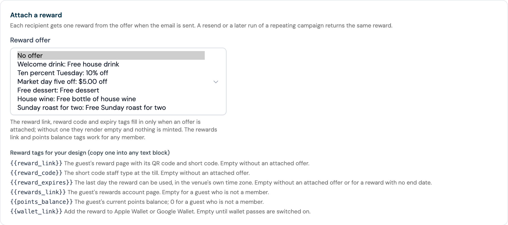 Reward offer picker open under Attach a reward, listing No offer and the three active offers Welcome drink, Ten percent Tuesday and Market day five off