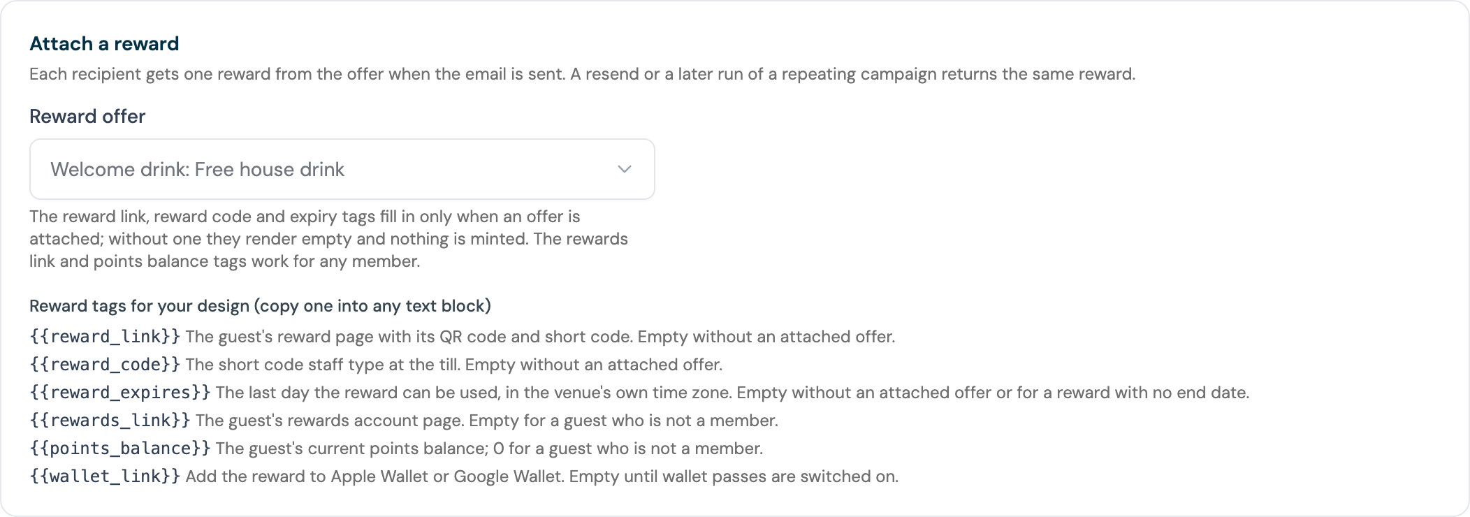 Attach a reward block with Welcome drink chosen and the Reward tags for your design list of six tags underneath
