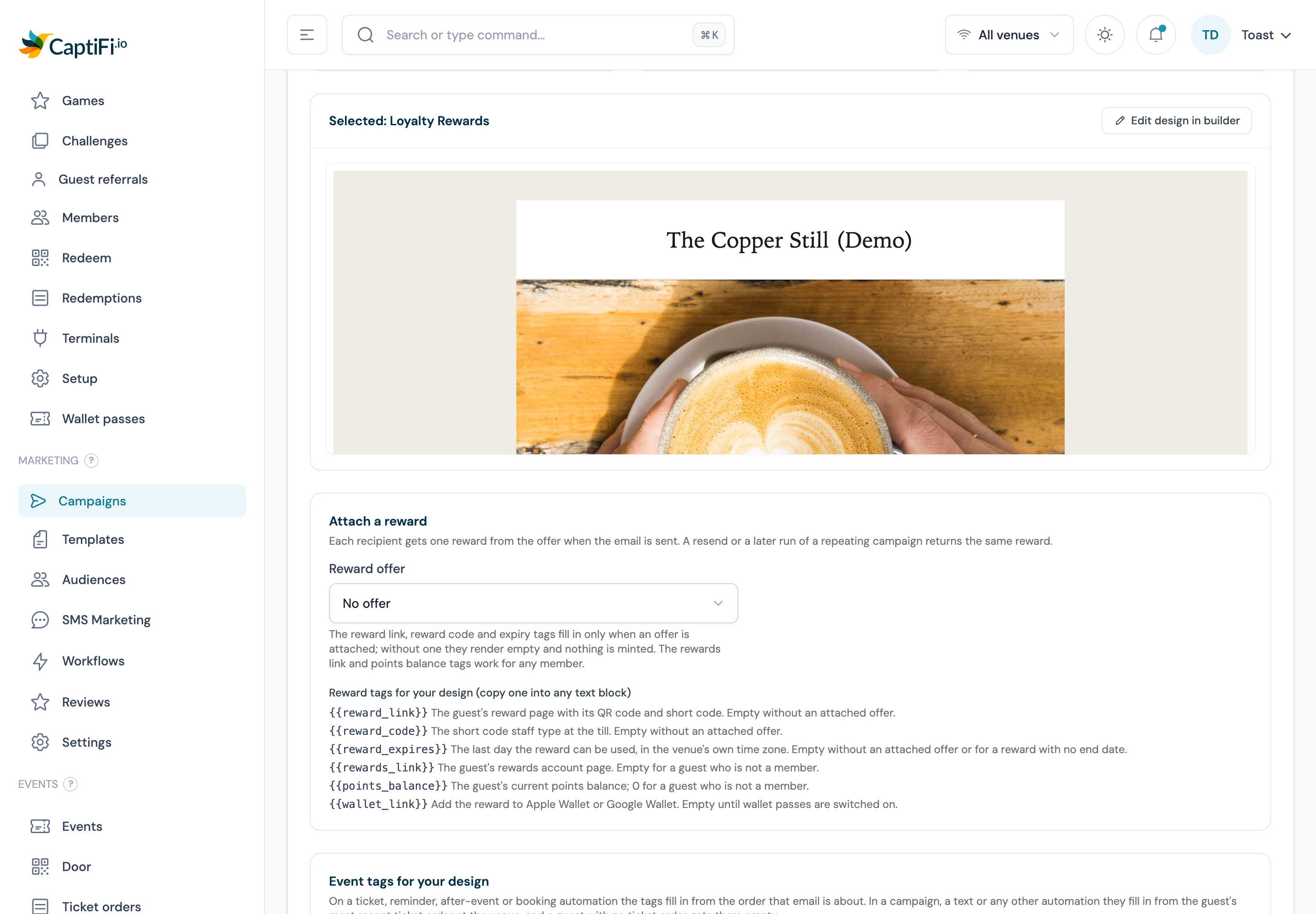 Template step of the campaign wizard with the Loyalty Rewards design chosen and the Attach a reward block below it, its Reward offer picker on No offer