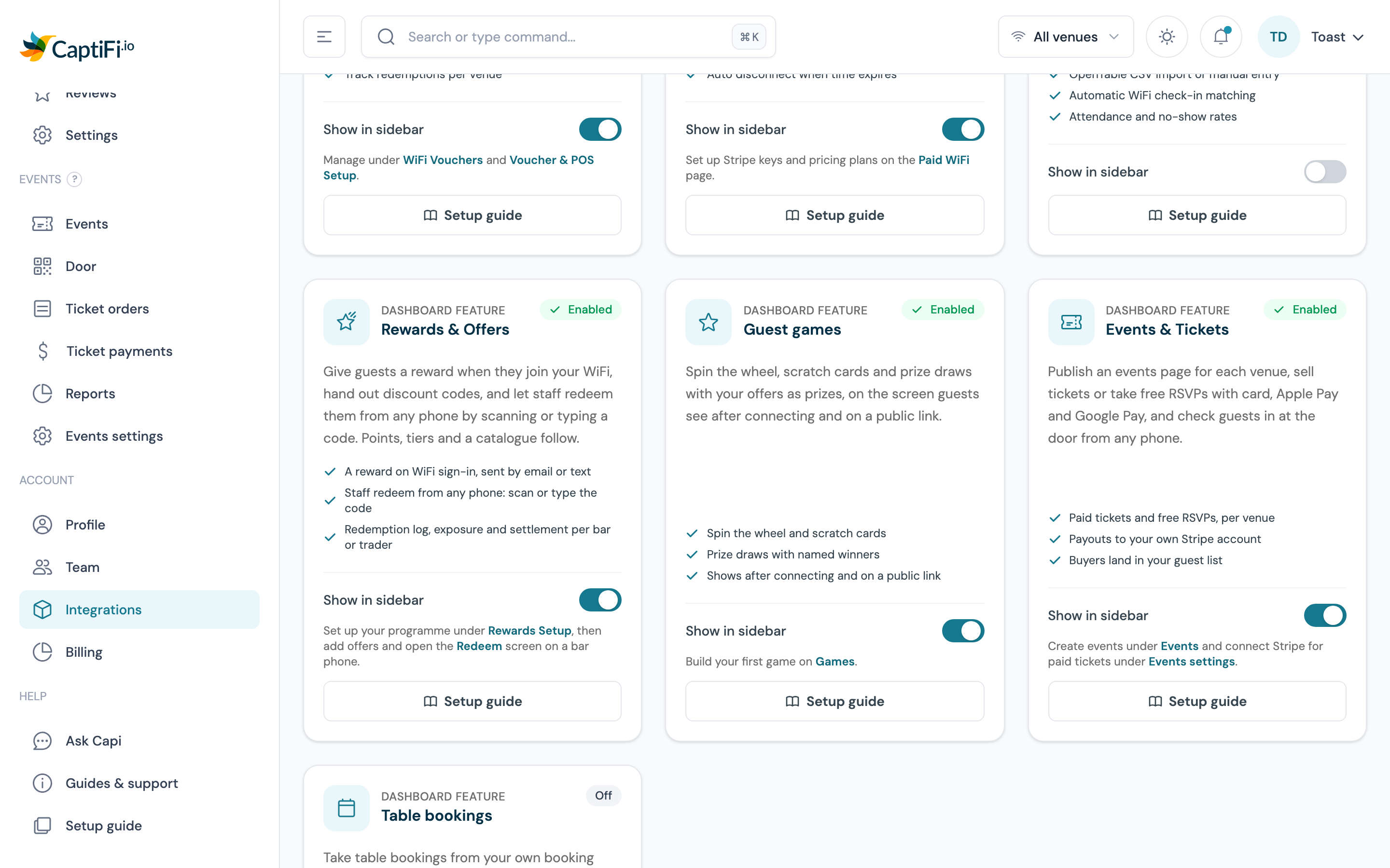 Rewards & Offers card under Dashboard features on the Integrations page, switched on