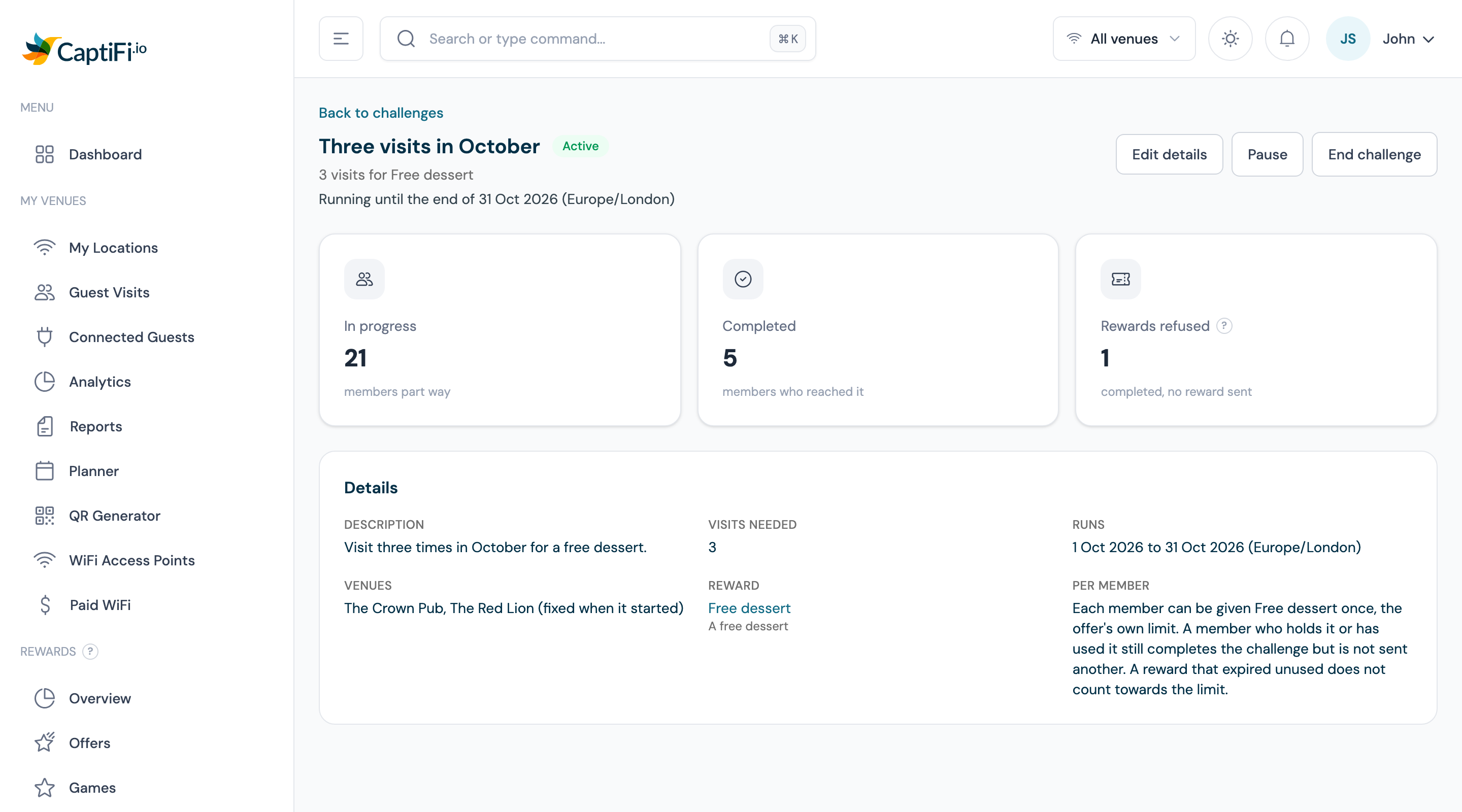 An active challenge's page with the status line, the Edit details, Pause and End challenge buttons, the In progress, Completed and Rewards refused tiles, and the Details card
