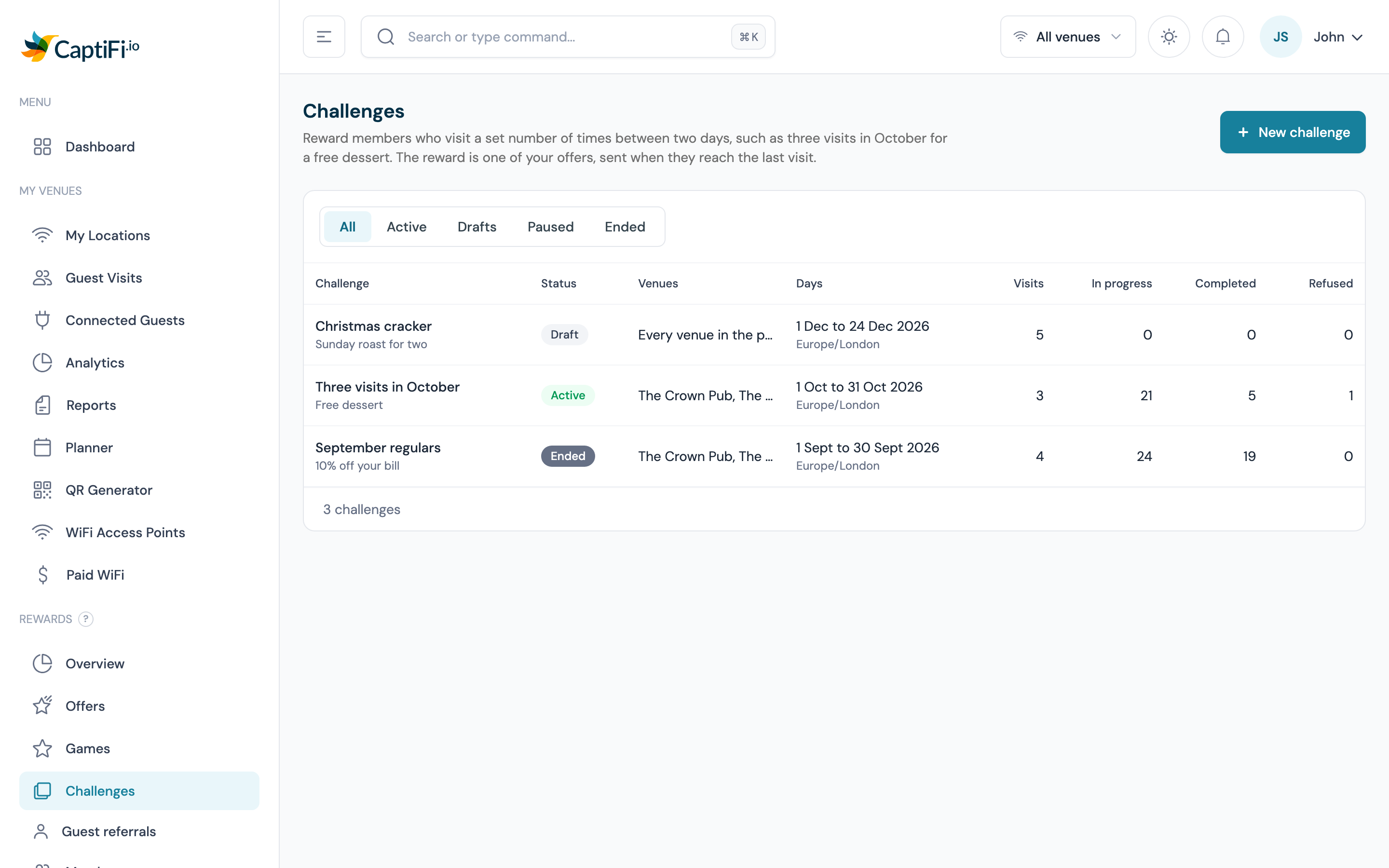 The Challenges list with the All, Active, Drafts, Paused and Ended tabs, the New challenge button, and a draft, an active and an ended challenge