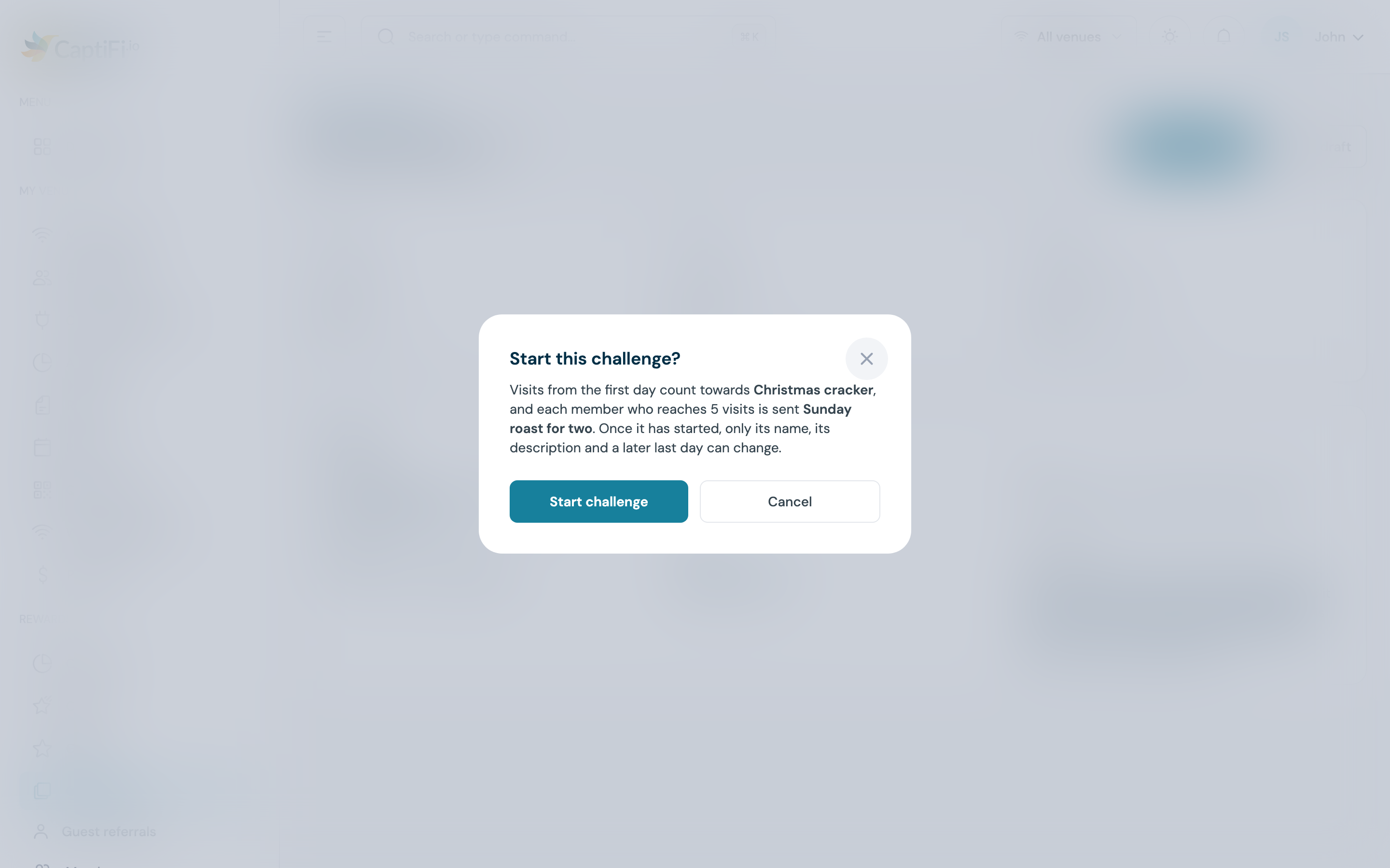The Start this challenge? dialog naming the 5 visits needed and the Sunday roast for two offer, with the Start challenge and Cancel buttons