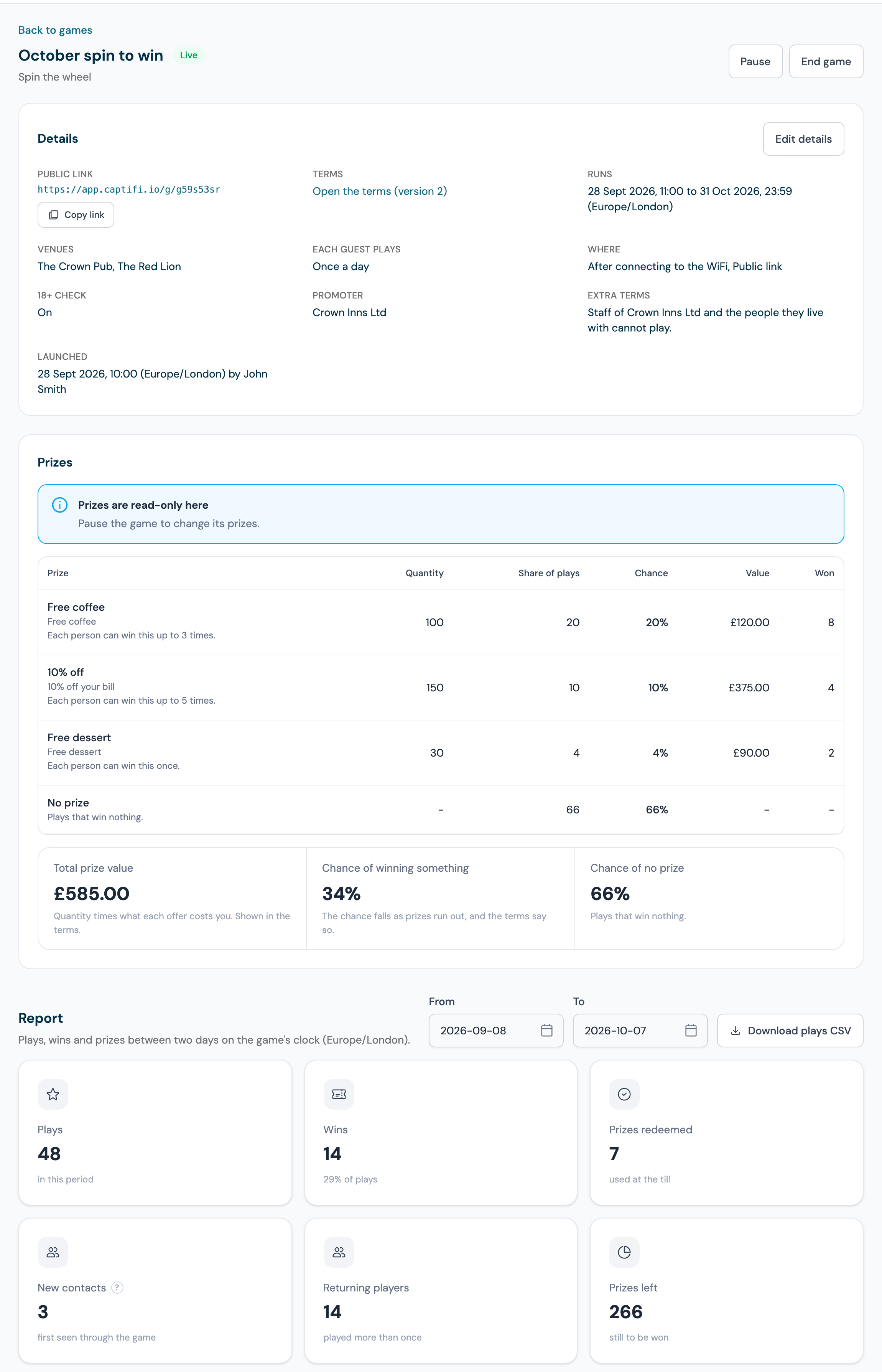 A live game's page with the Pause and End game buttons, the Details card with the public link, Copy link and the terms version, the Prizes table and the report tiles