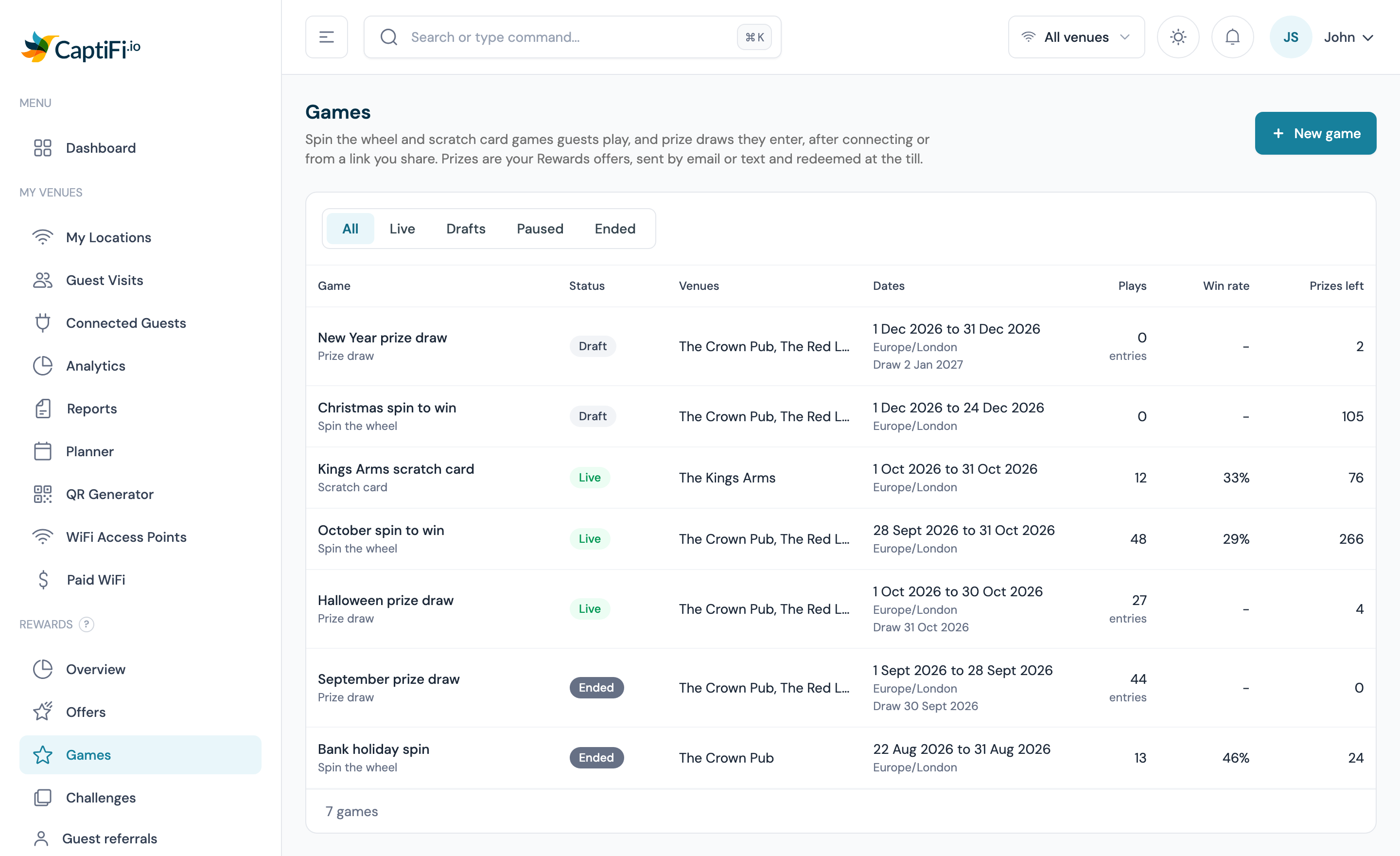 The Games list on my.captifi.io with the All, Live, Drafts, Paused and Ended tabs, the New game button, and live, draft and ended games with their venues, dates, plays, win rate and prizes left
