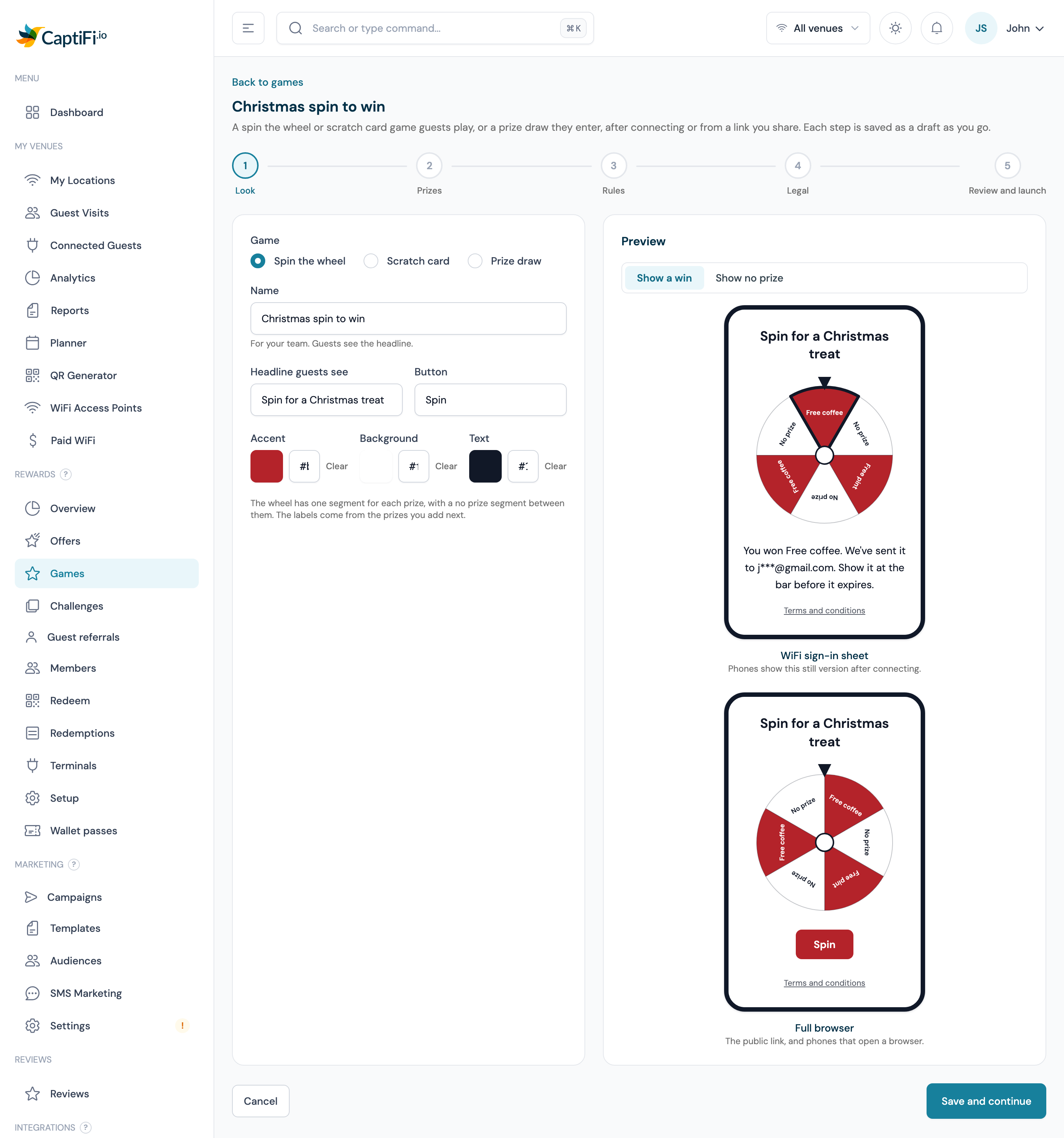 The Look step with Spin the wheel chosen, the name, headline, button and colour fields, and the WiFi sign-in sheet and Full browser previews one above the other