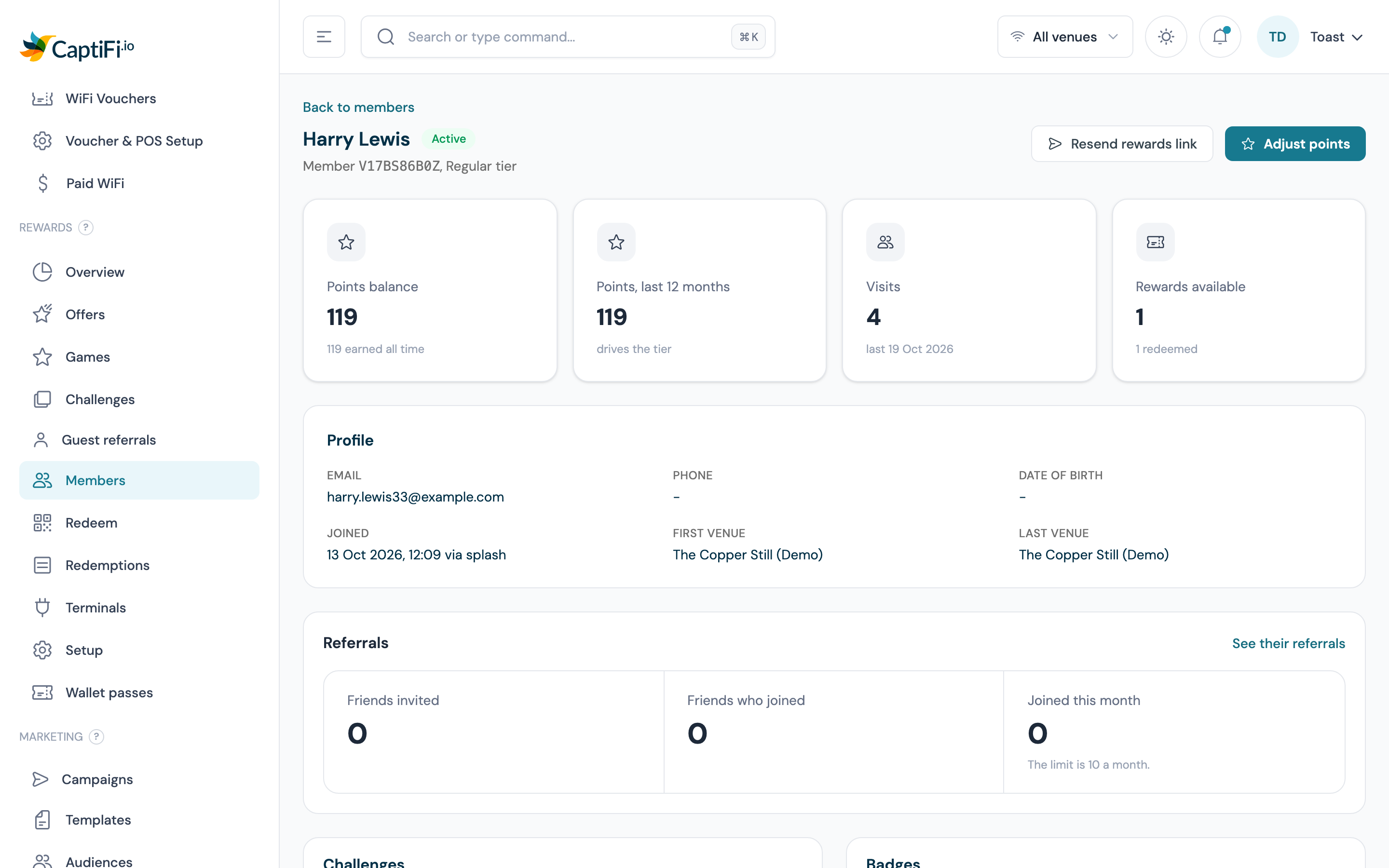 A member's page header with the Resend rewards link and Adjust points buttons