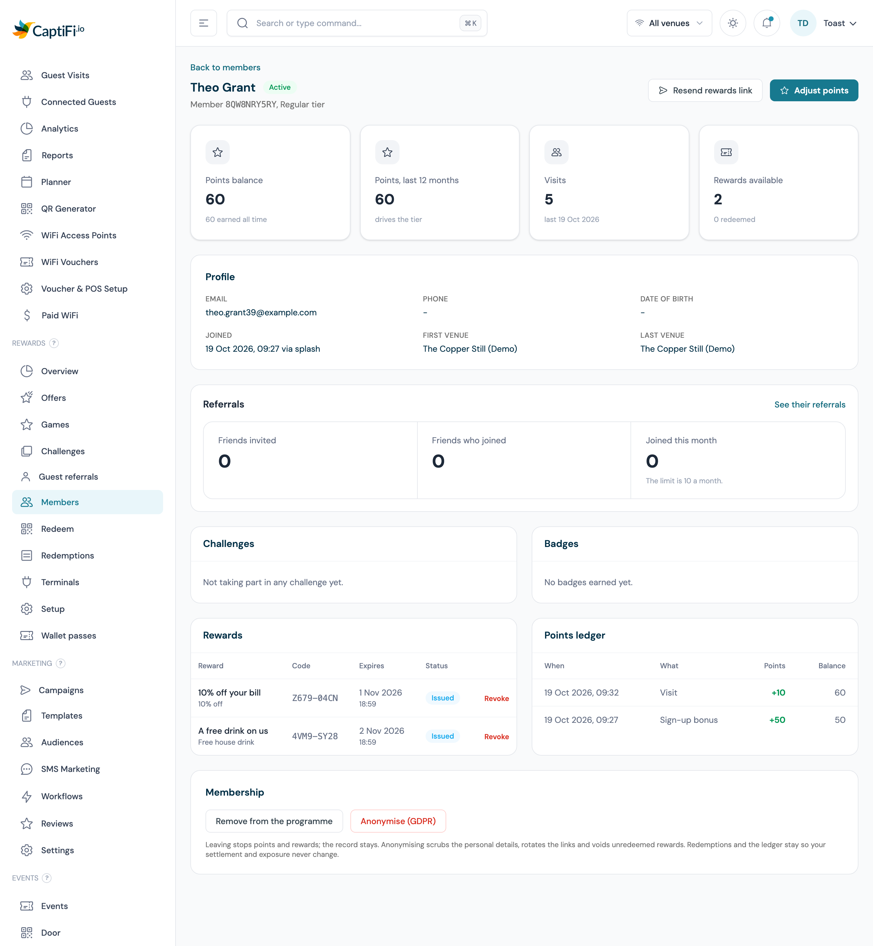 A member's page with the four balance tiles, the Rewards table and the Points ledger