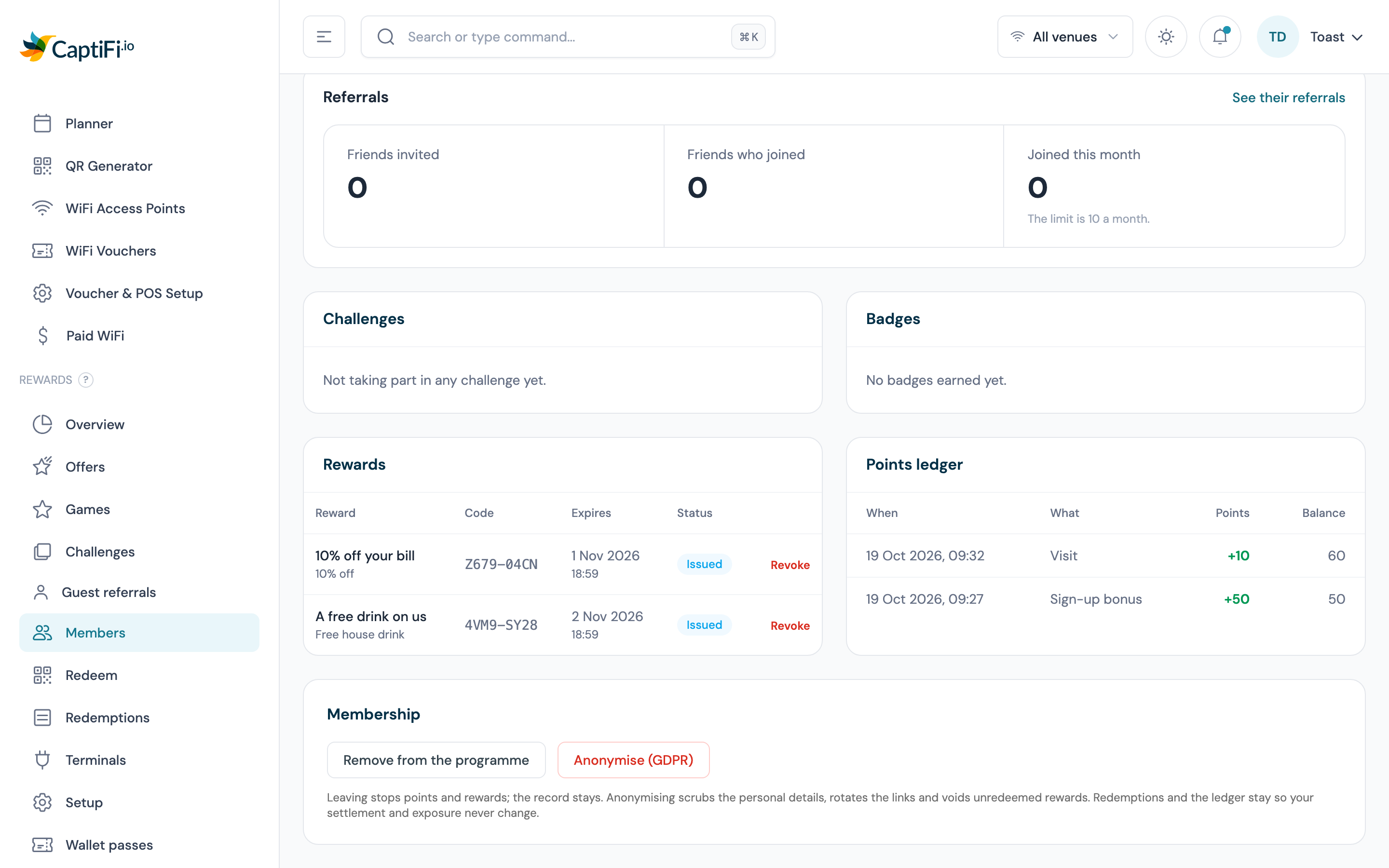 A member's Rewards table with Issued rewards and a Revoke action on each row